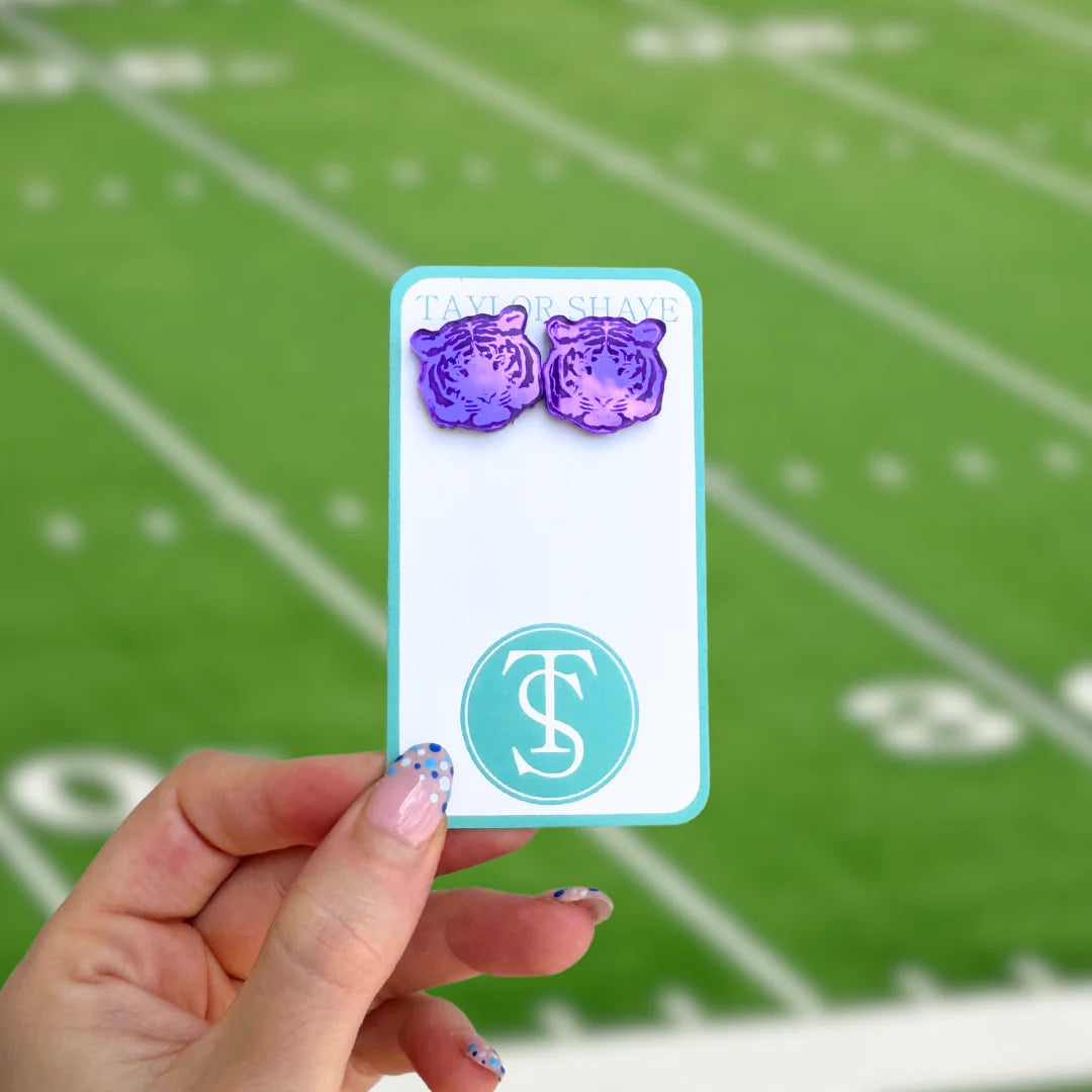 Taylor Shaye: Mirror Tiger Head Stud Earrings - Purple - Obsession Boutique