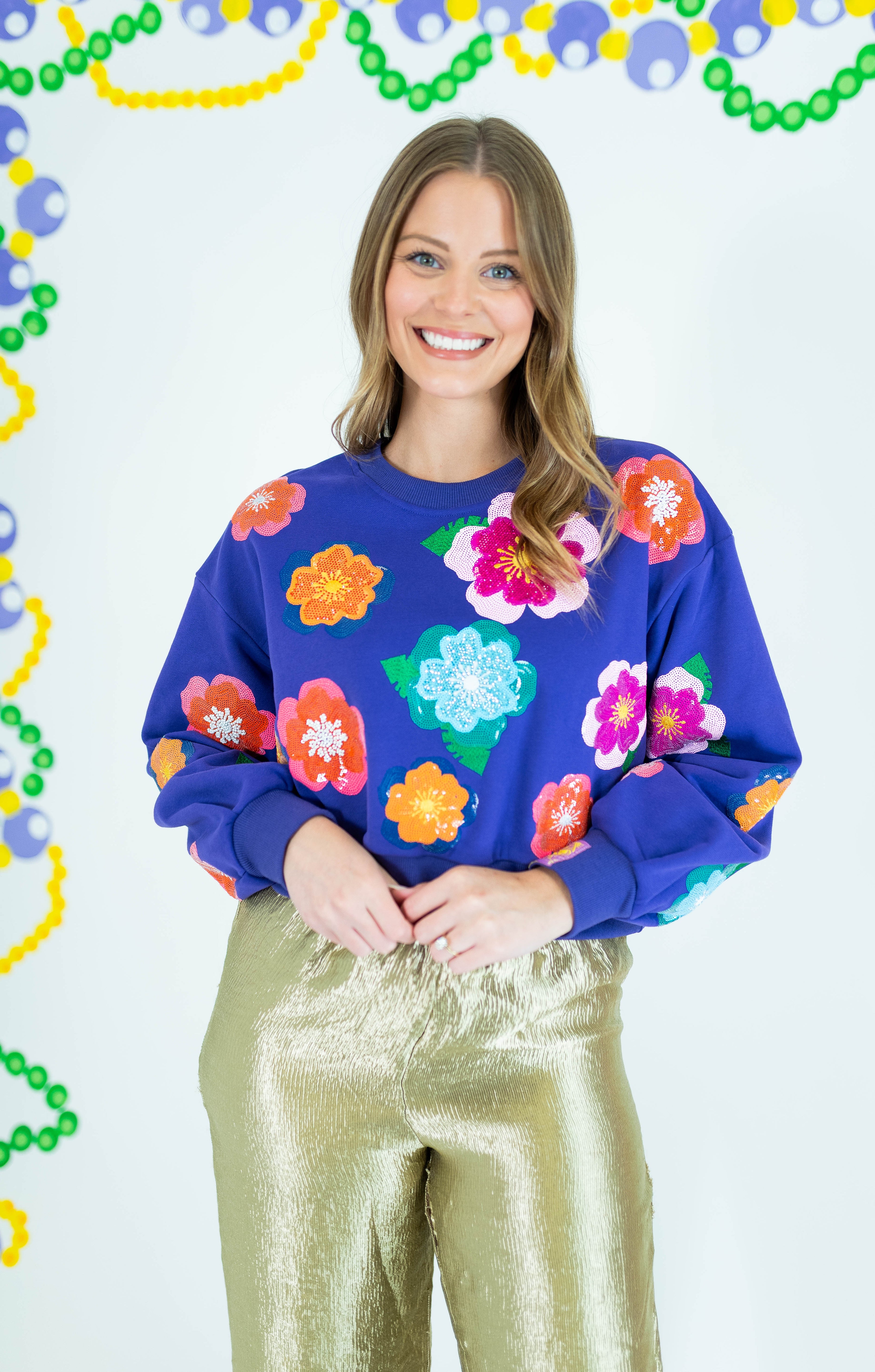 Queen Of Sparkles: Bright Purple Multi Float Flower Sweatshirt - Obsession Boutique