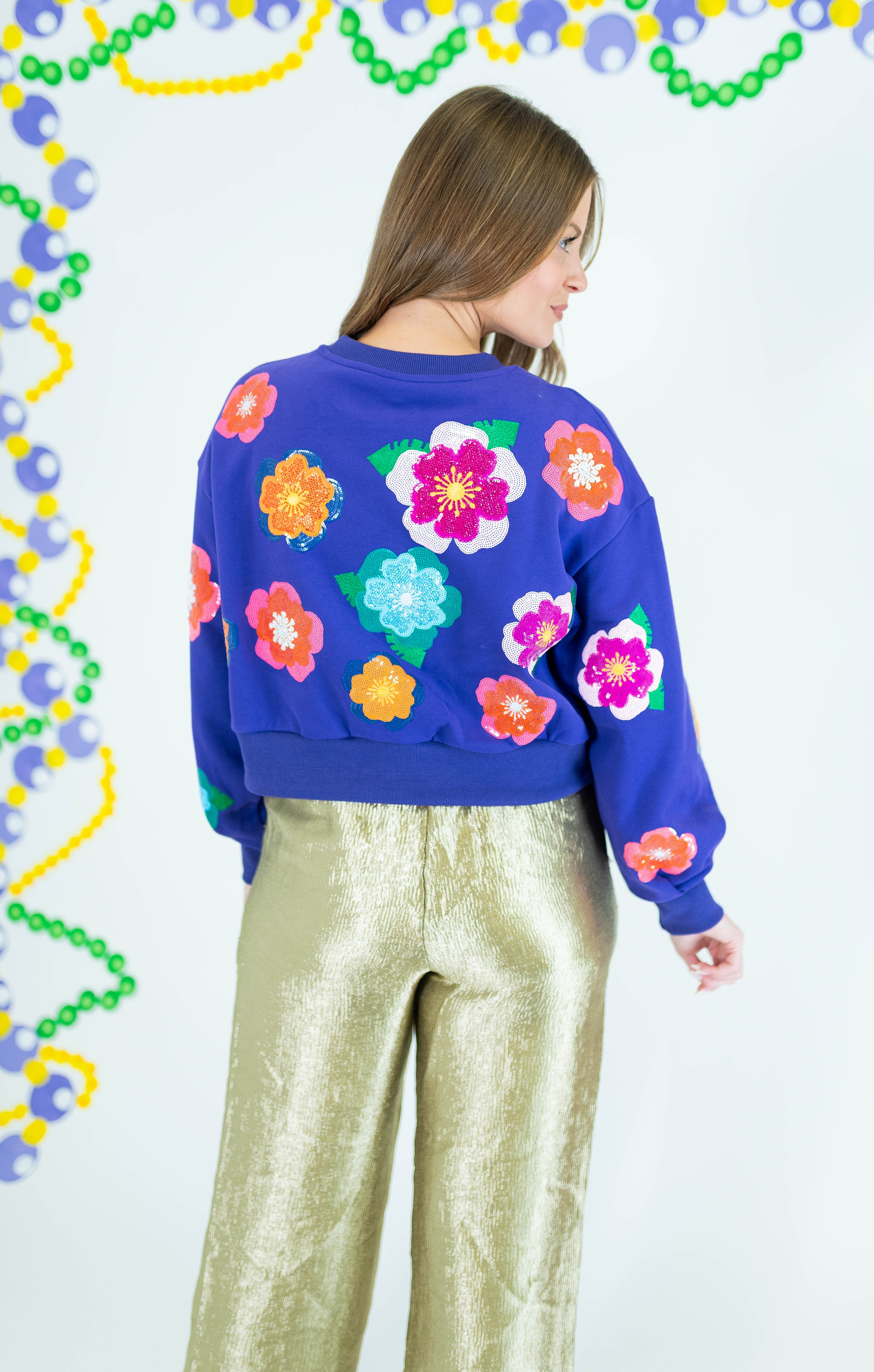 Queen Of Sparkles: Bright Purple Multi Float Flower Sweatshirt - Obsession Boutique