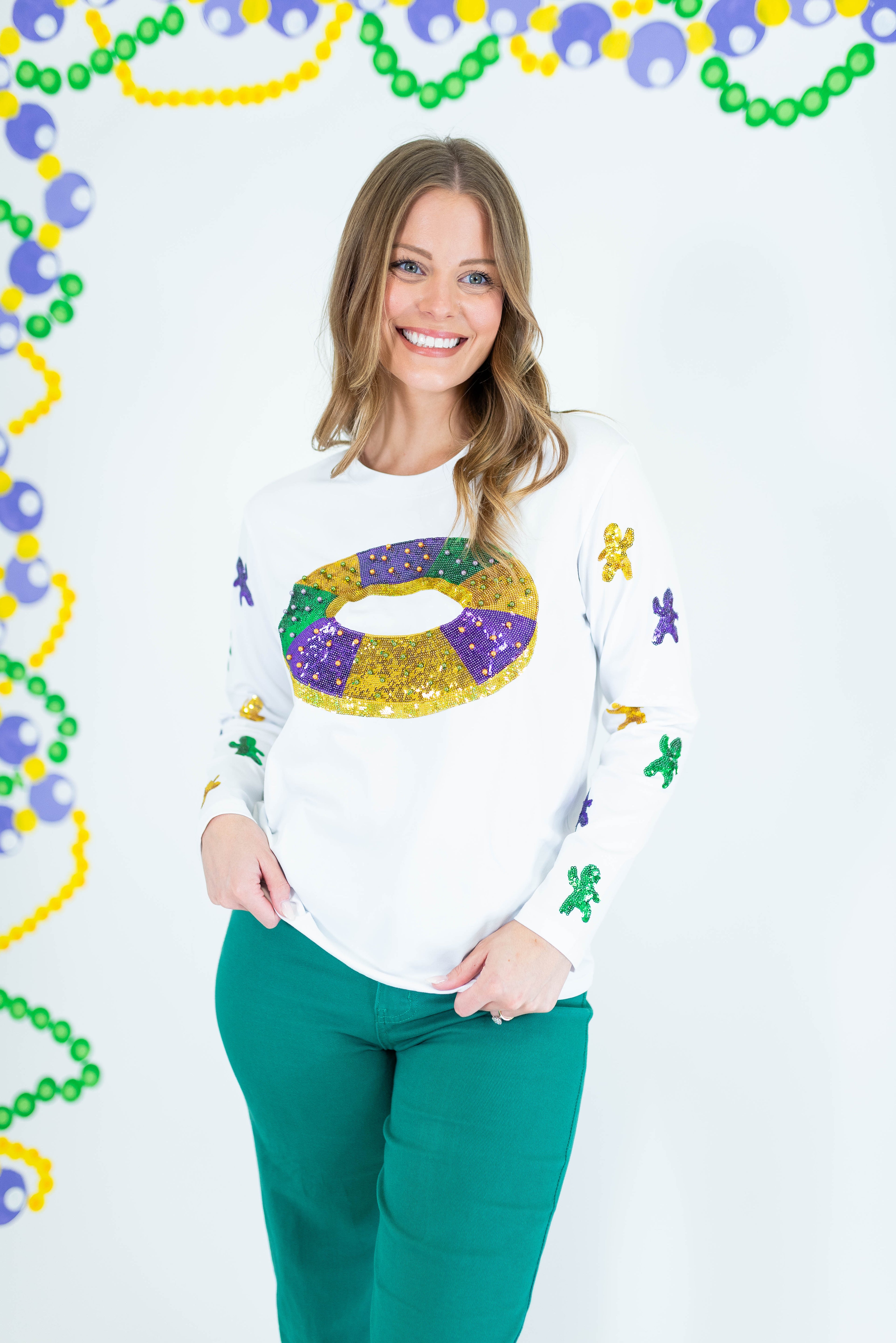Mardi Gras King Cake Baby Sequin Long Sleeve T-Shirt - Obsession Boutique