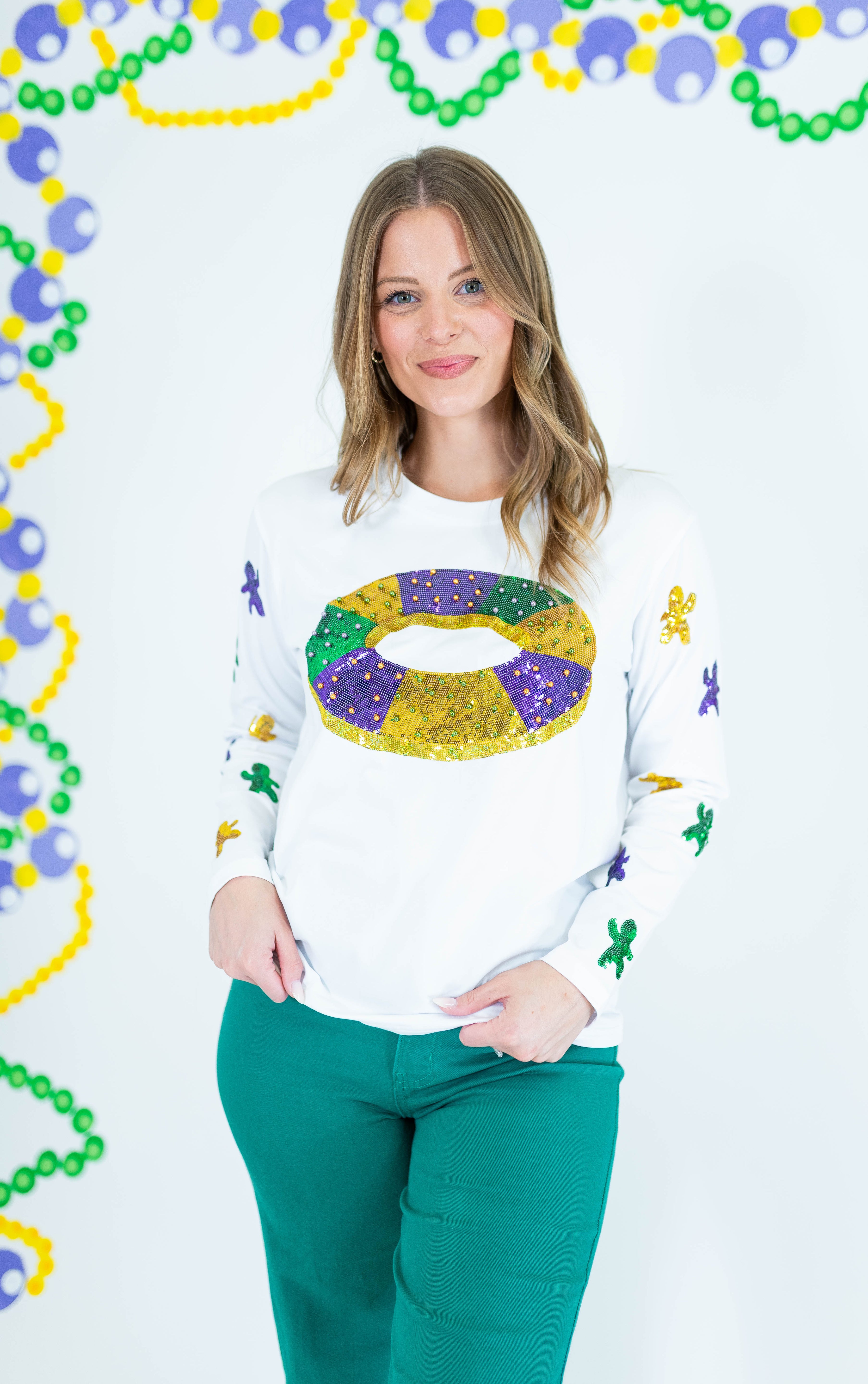 Mardi Gras King Cake Baby Sequin Long Sleeve T-Shirt - Obsession Boutique