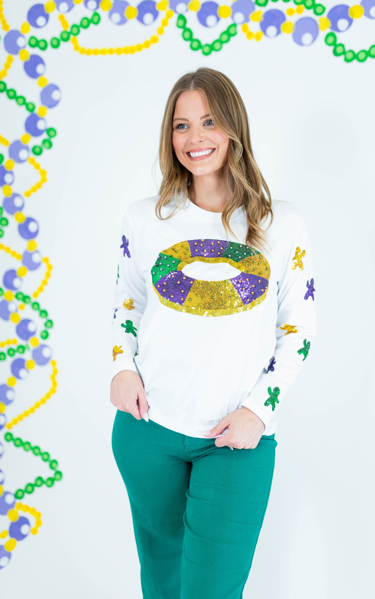 Mardi Gras King Cake Baby Sequin Long Sleeve T-Shirt - Obsession Boutique