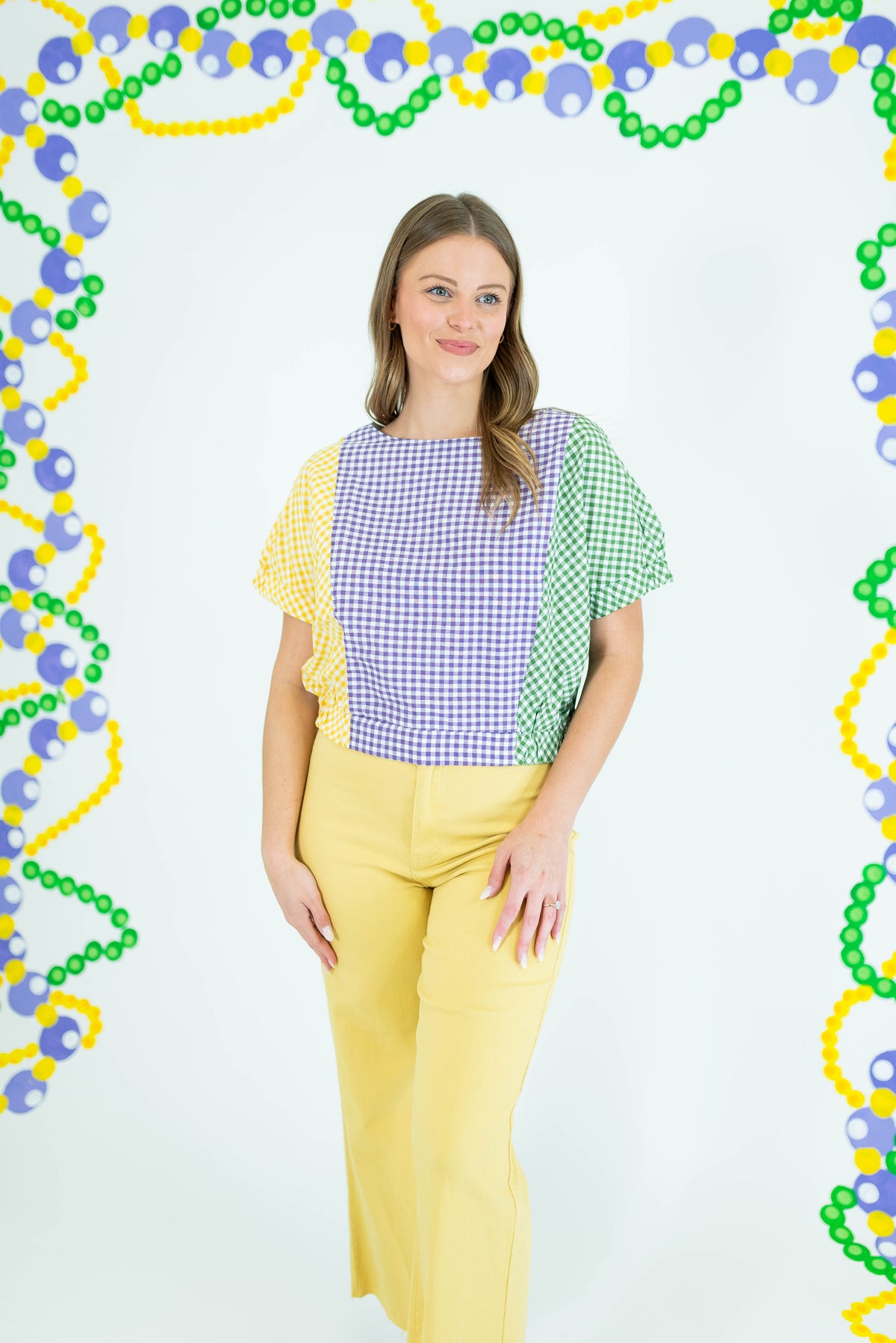Mardi Gras Color Block Check Crop Blouse - Obsession Boutique