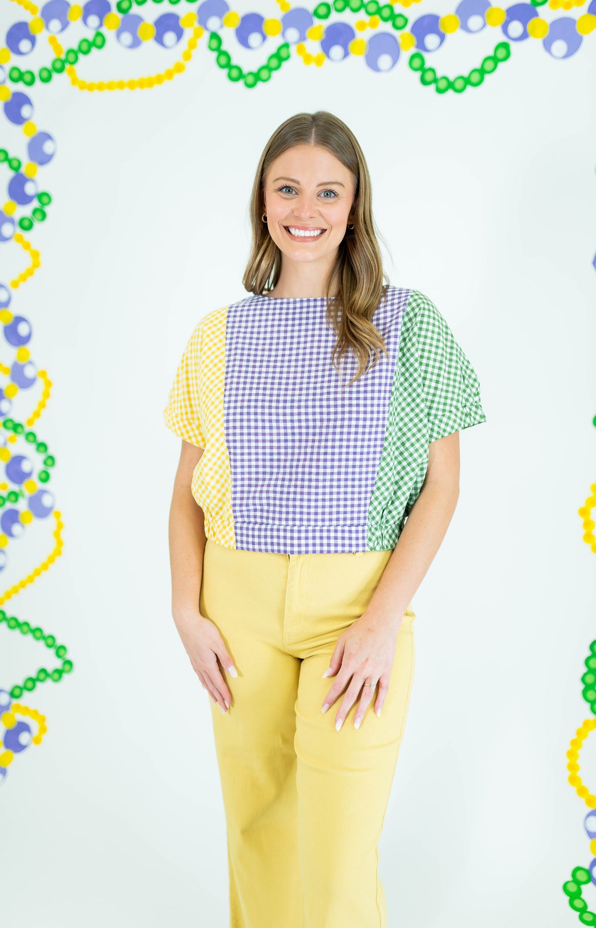 Mardi Gras Color Block Check Crop Blouse - Obsession Boutique