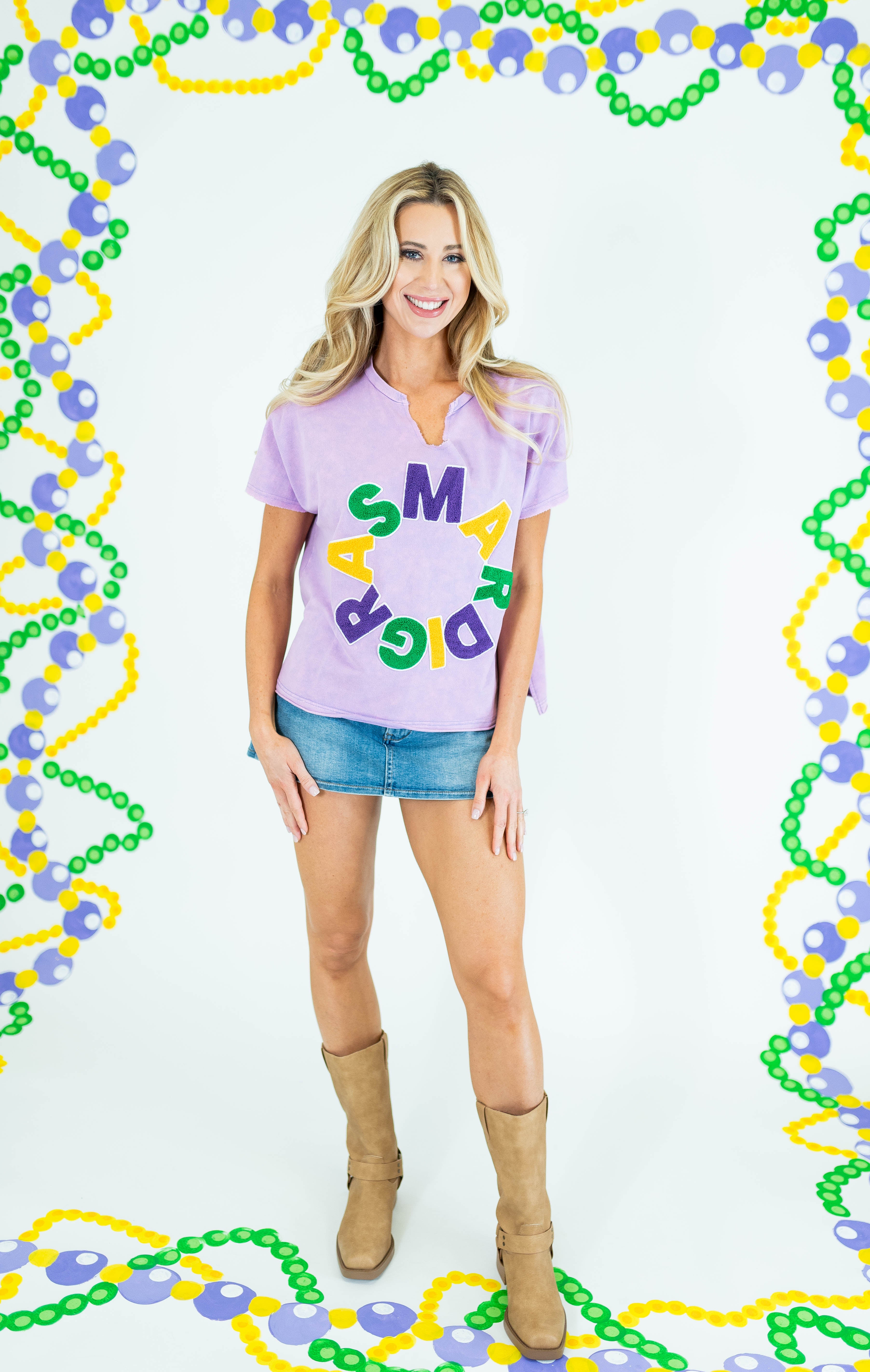 Mardi Gras Mineral Wash Fuzzy Patch Knit Top - Obsession Boutique