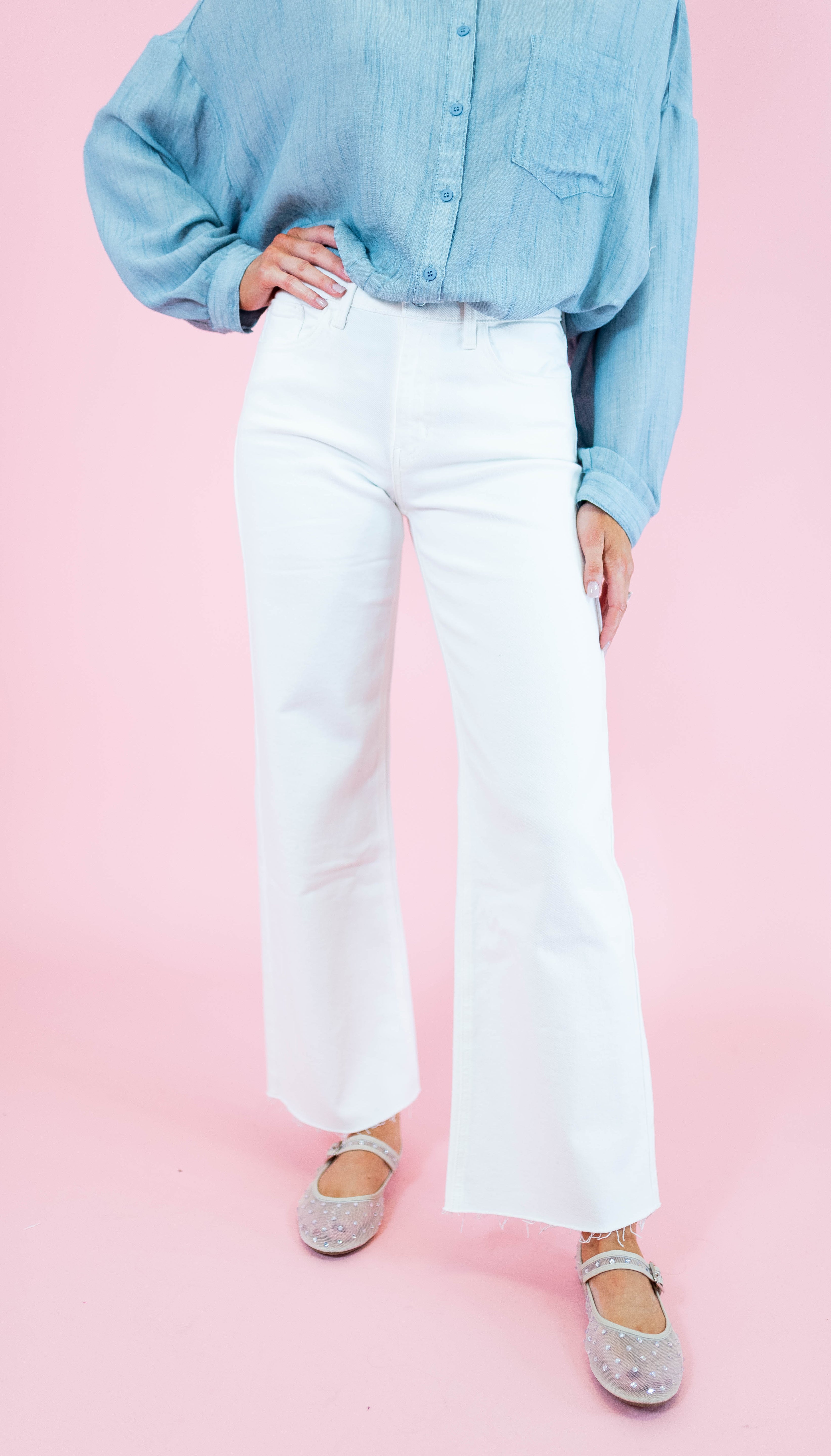 Longer Length Wide Leg Jeans - White - Obsession Boutique