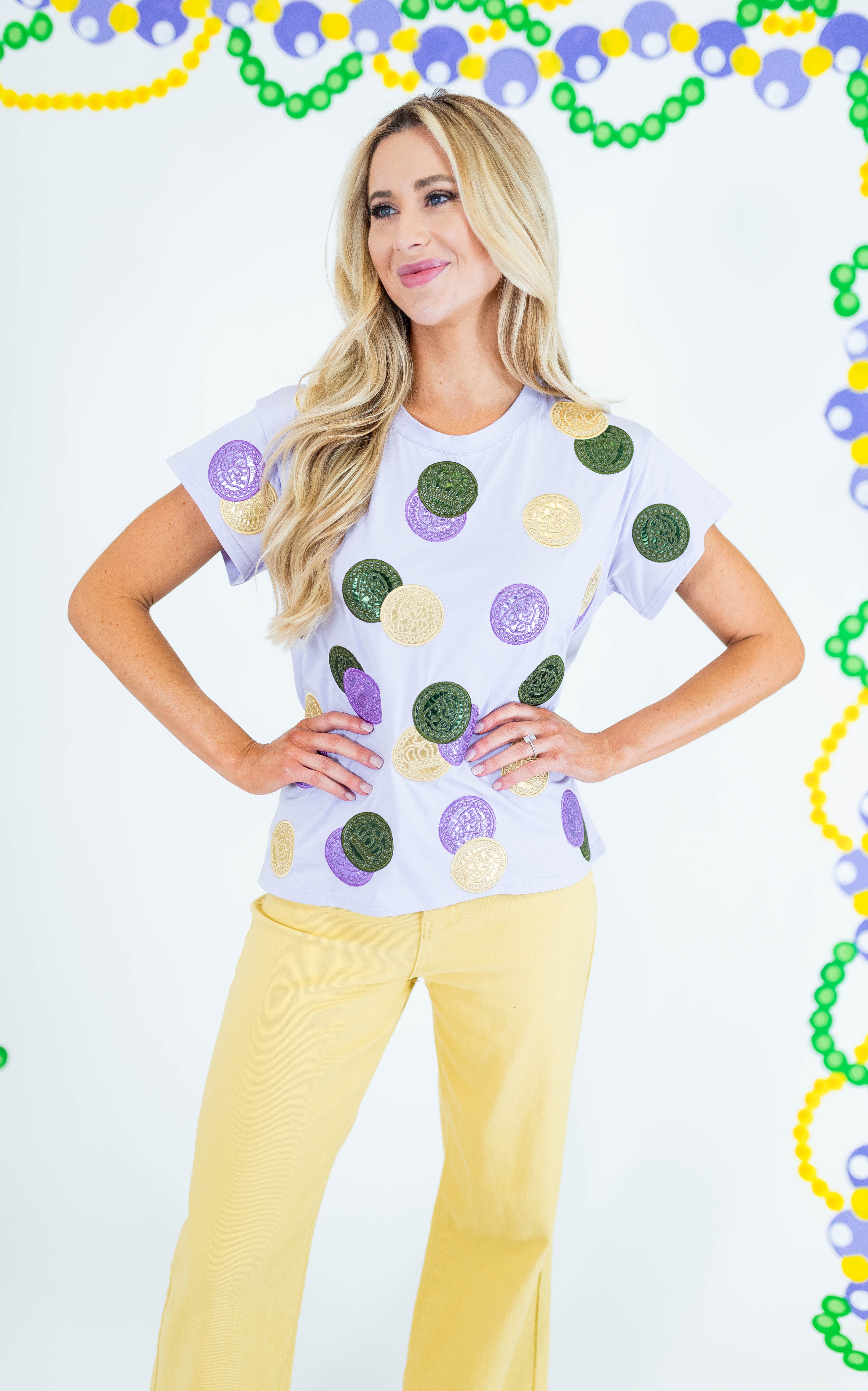 Queen Of Sparkles: Lavender Mardi Gras Doubloon Tee - Obsession Boutique