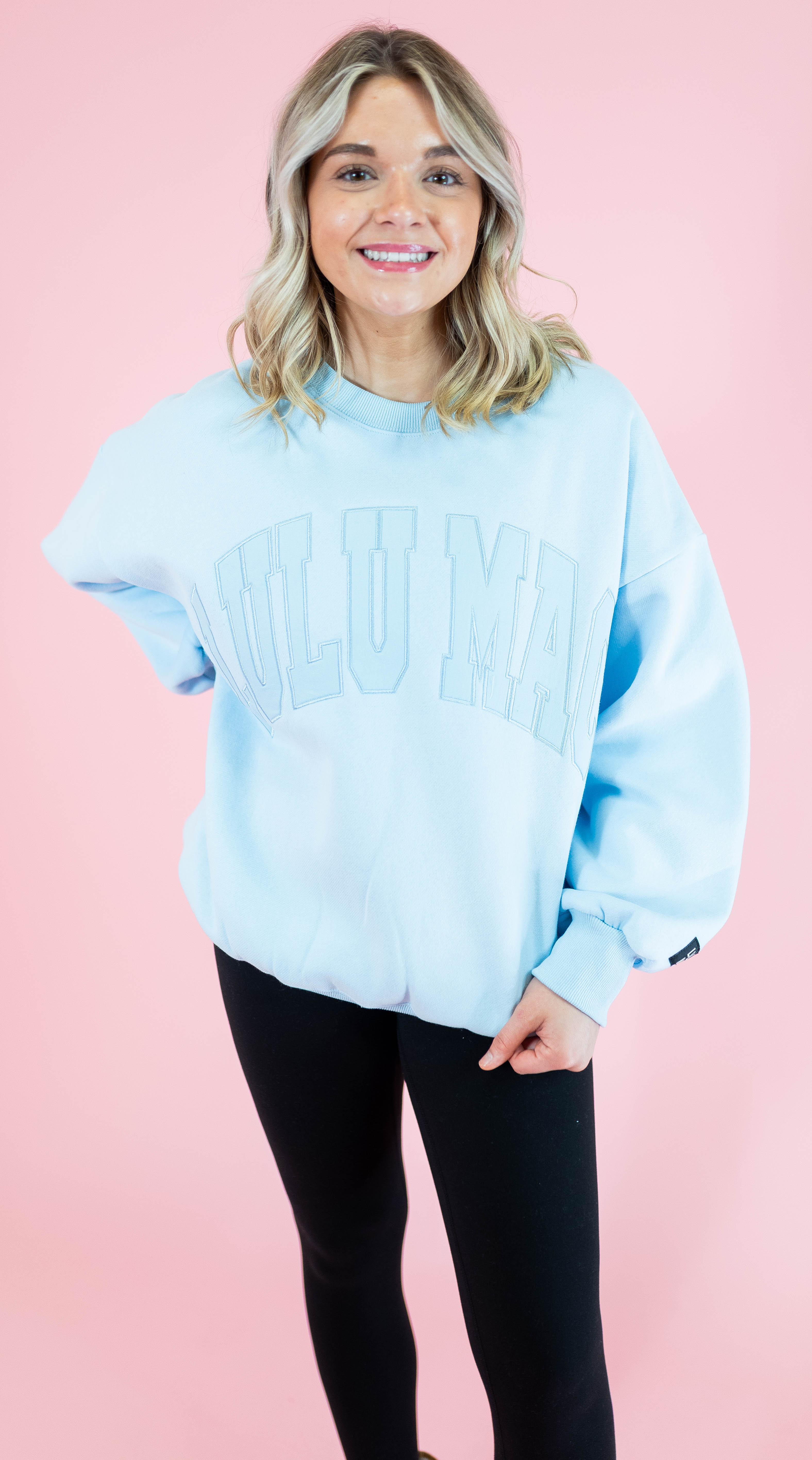 Lulu Mac: Mono Light Blue Embroidered Sweatshirt - Obsession Boutique
