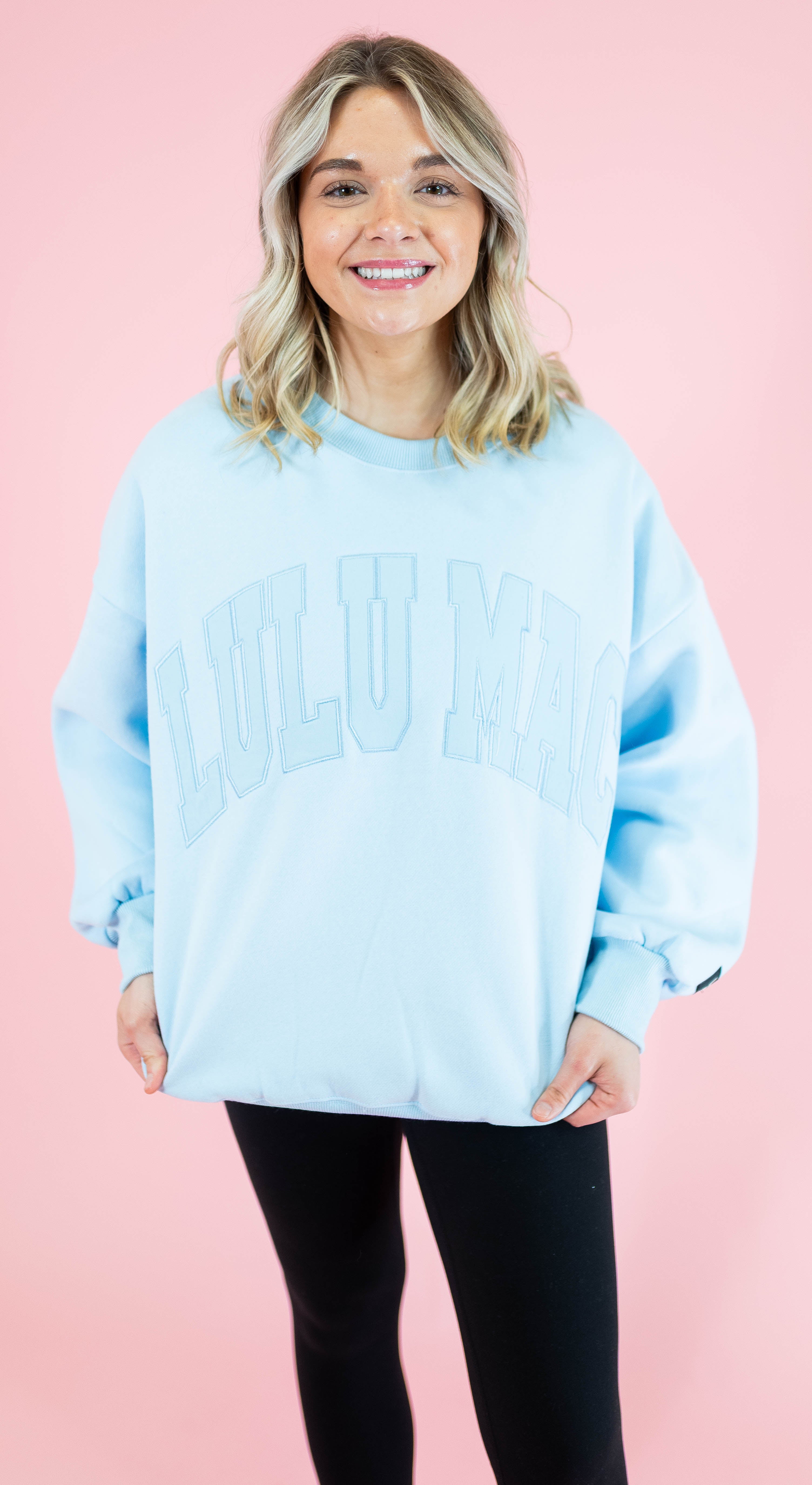Lulu Mac: Mono Light Blue Embroidered Sweatshirt - Obsession Boutique