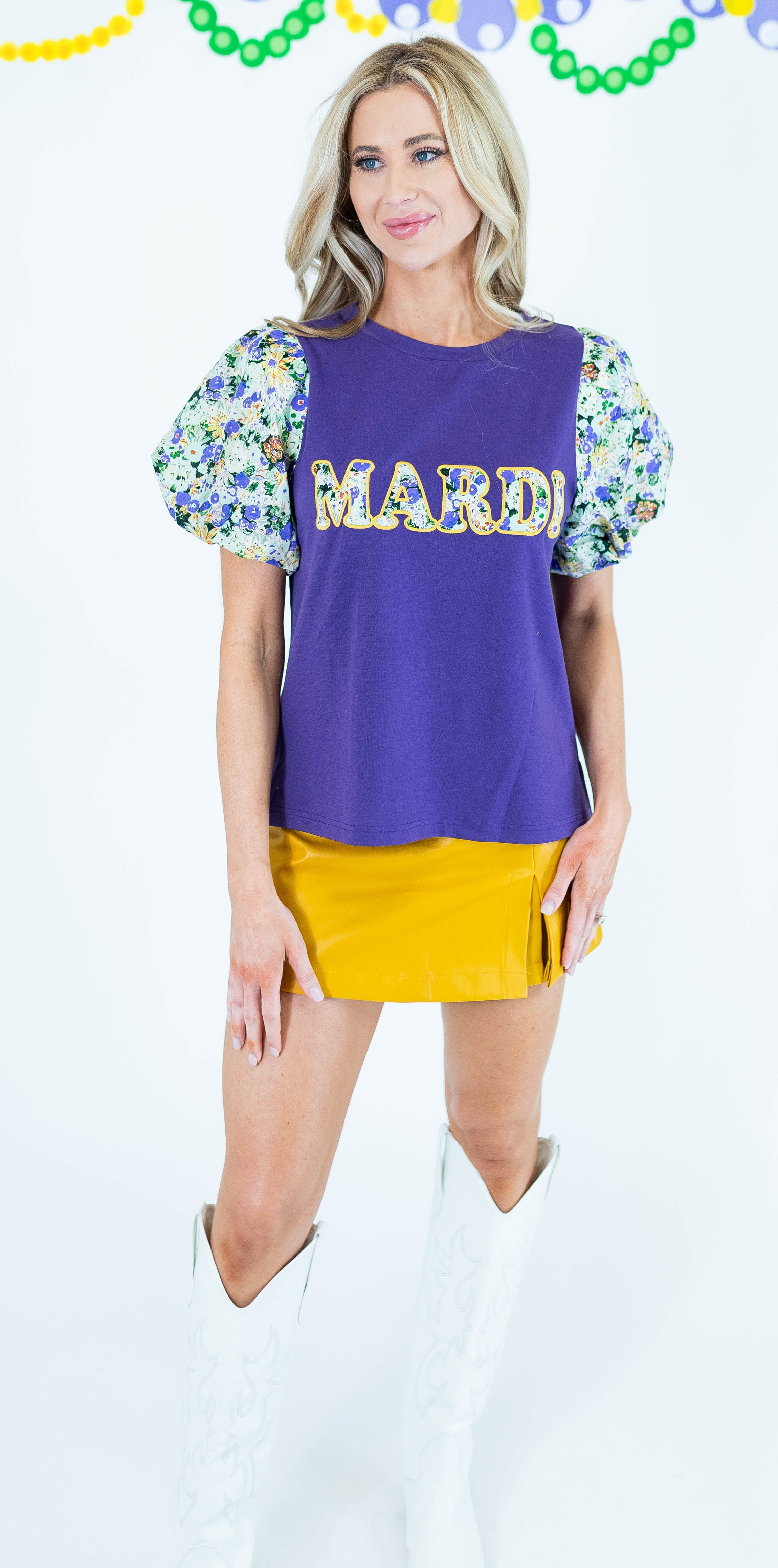 Mardi Gras Patch Bubble Sleeve Knit Top - Obsession Boutique