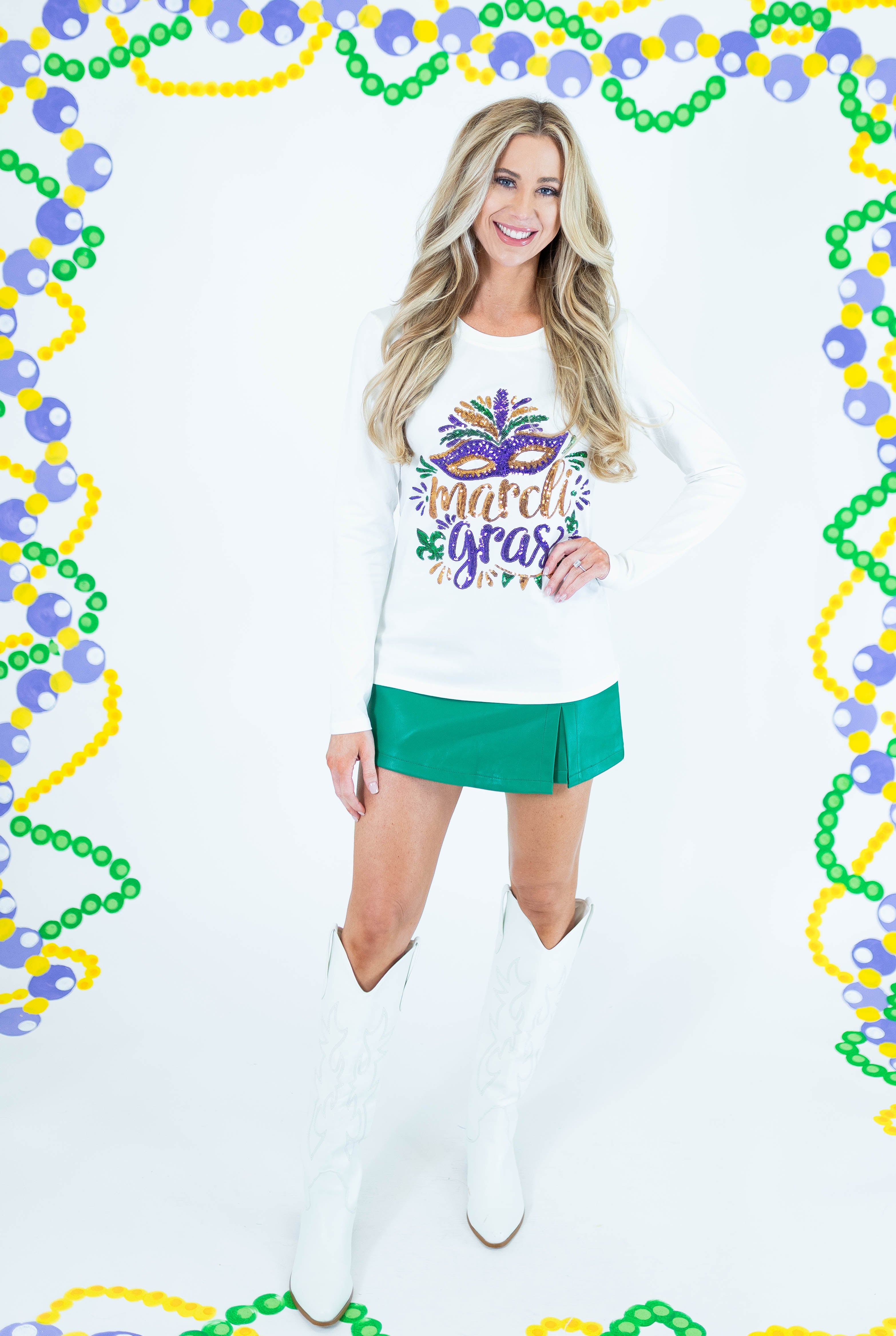 Mardi Gras Sequin Mask Long Sleeve Top - White - Obsession Boutique