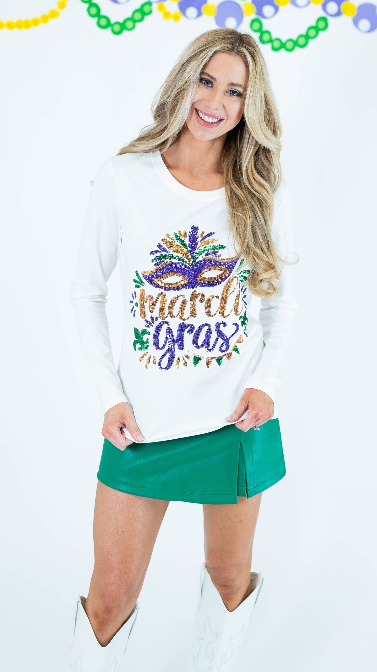Mardi Gras Sequin Mask Long Sleeve Top - White - Obsession Boutique