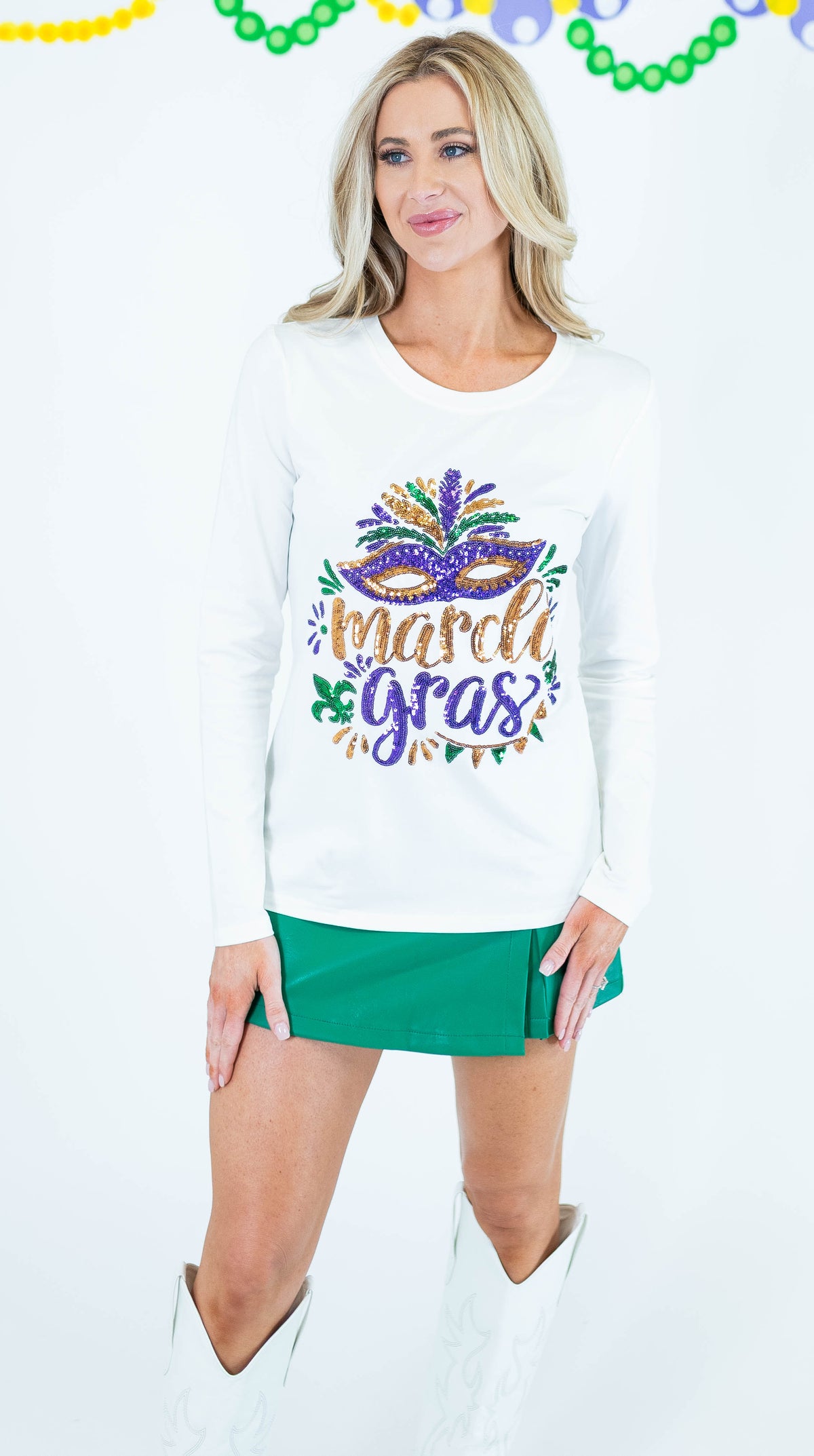 Mardi Gras Sequin Mask Long Sleeve Top - White - Obsession Boutique