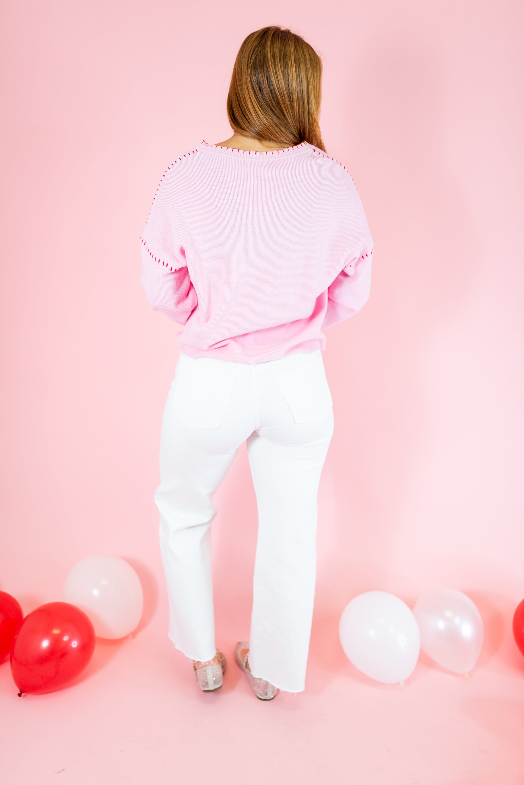 Heart Blanket Stitch Embroidered Sweater - Pink - Obsession Boutique