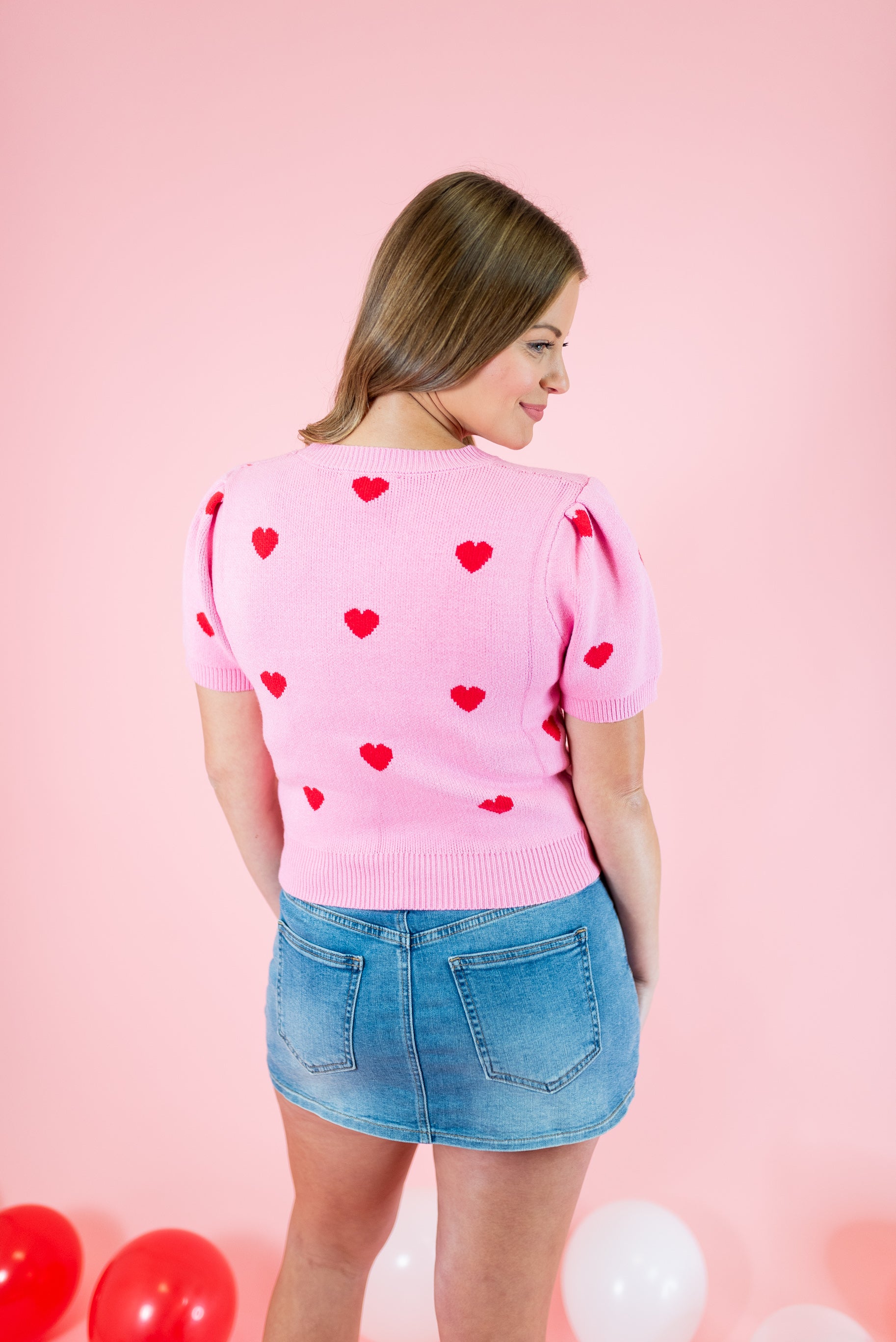Short Puff Sleeve Heart Sweater - Pink - Obsession Boutique