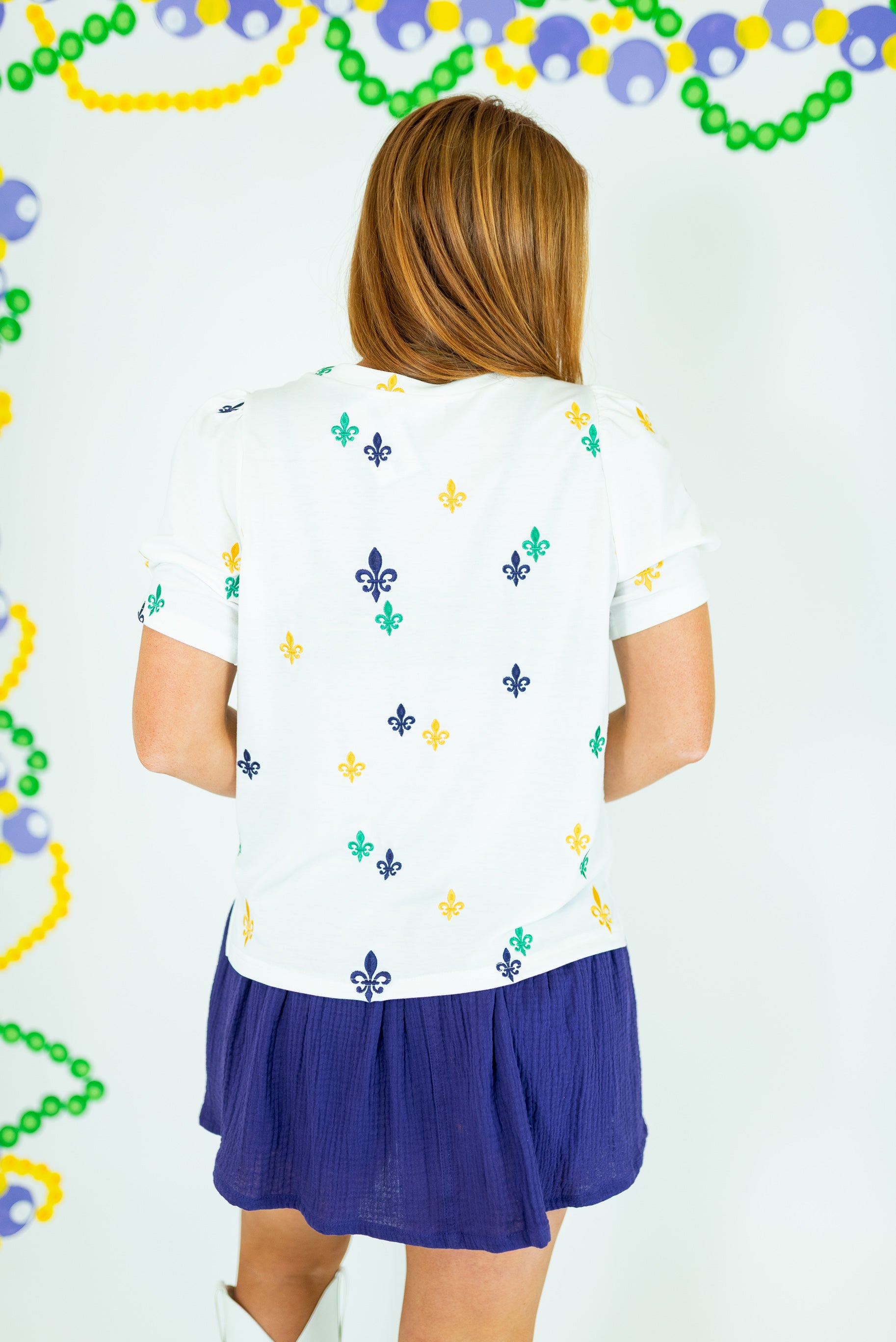 Mardi Gras Fleur De Lis Puff Sleeve Knit Top - Obsession Boutique