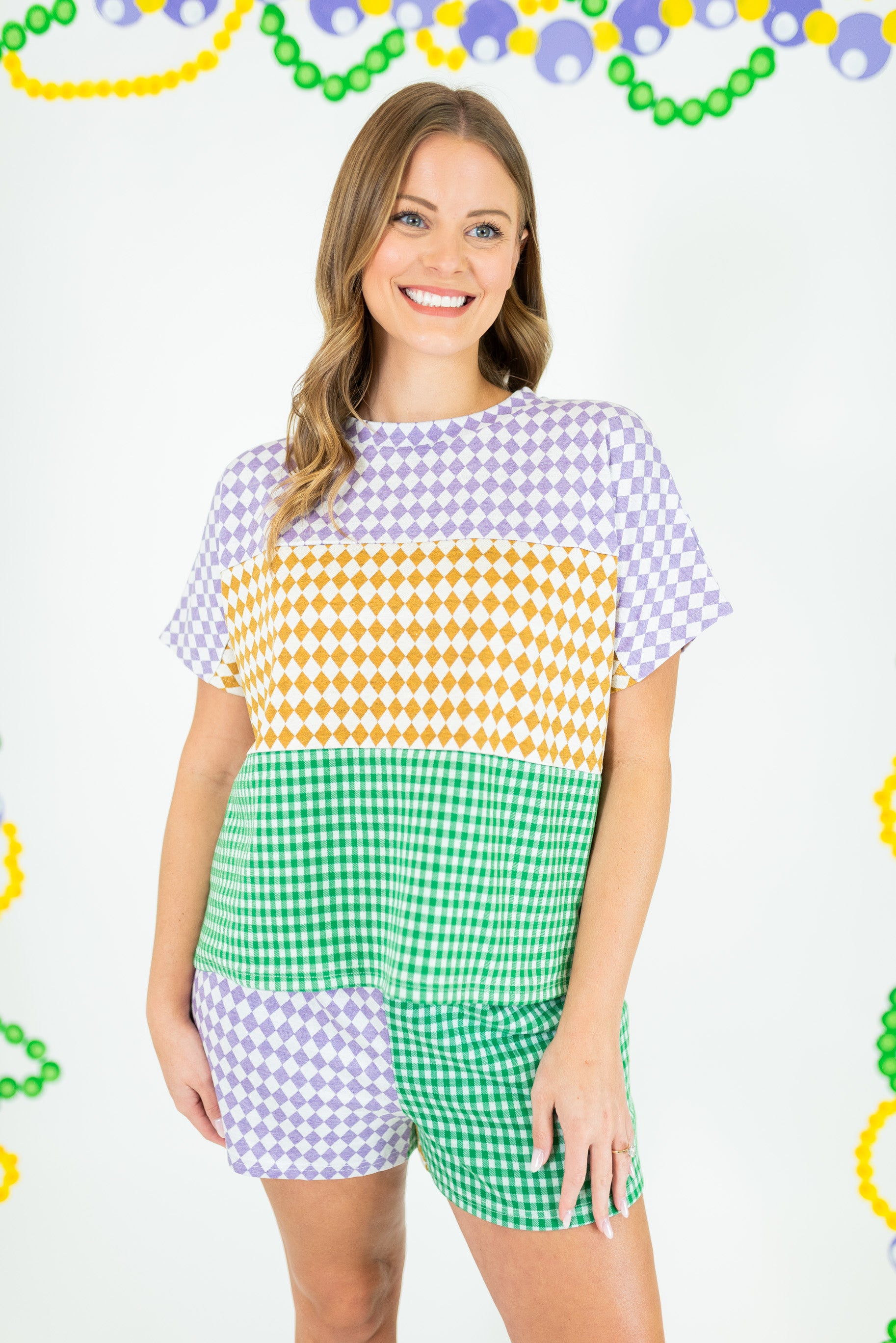 Mardi Gras Checker Block Knit Top & Shorts - Obsession Boutique