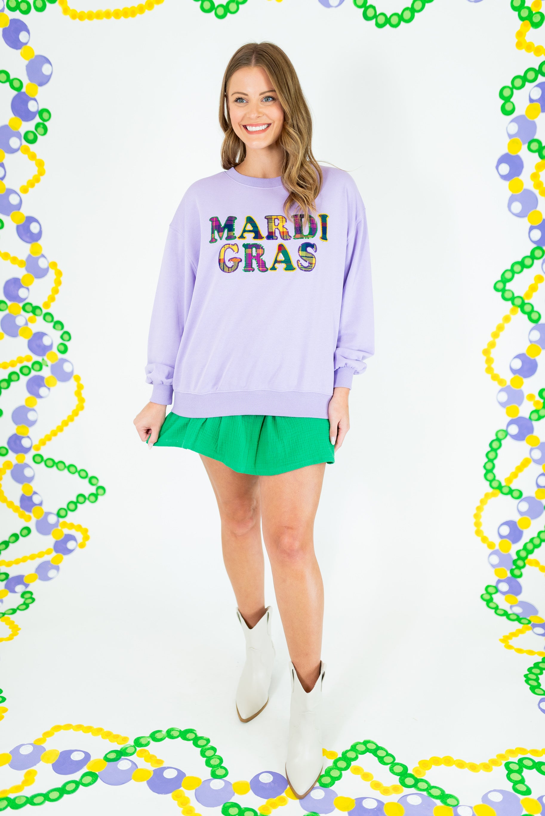 Mardi Gras Sequin Plaid Letter Sweatshirt - Obsession Boutique