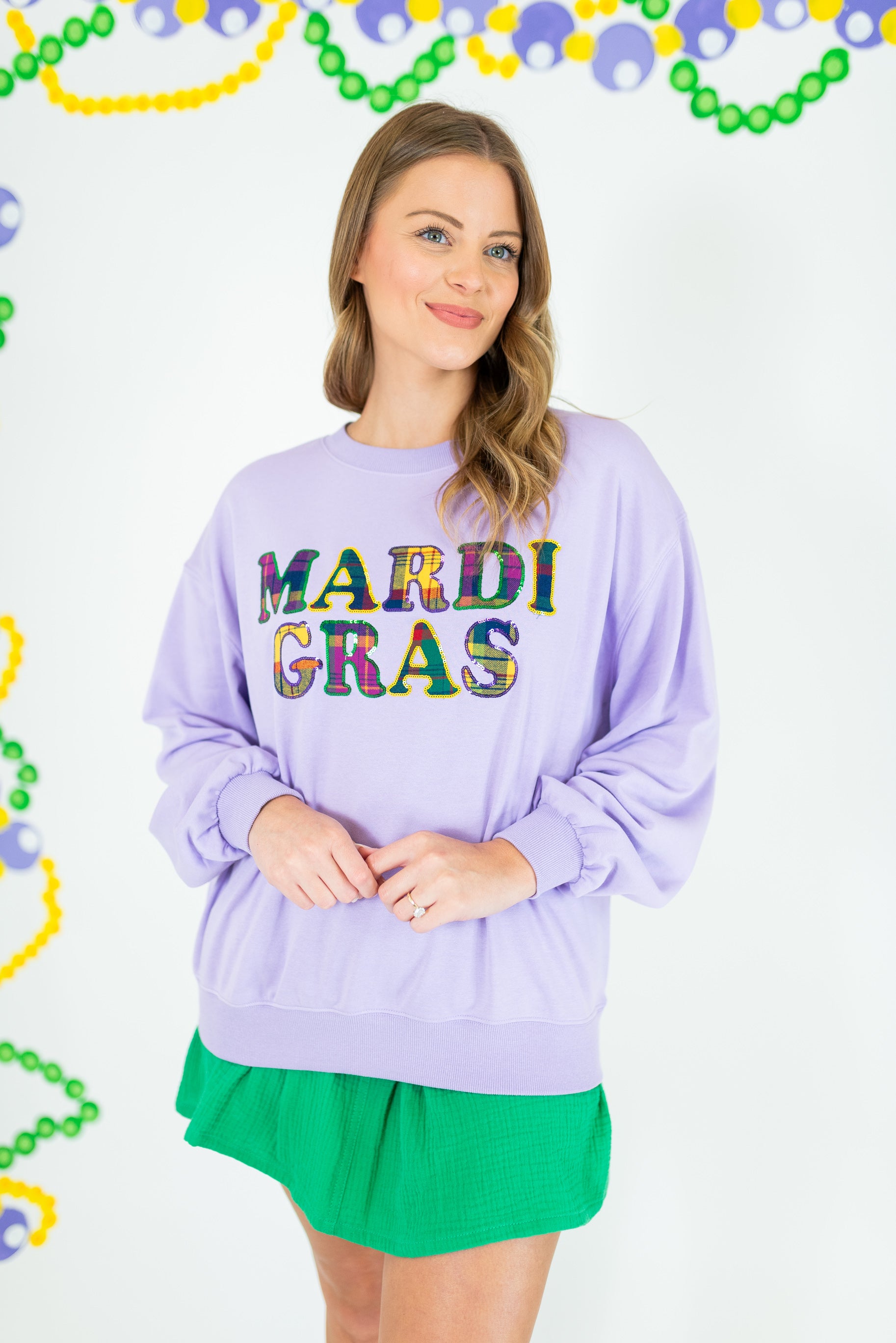Mardi Gras Sequin Plaid Letter Sweatshirt - Obsession Boutique