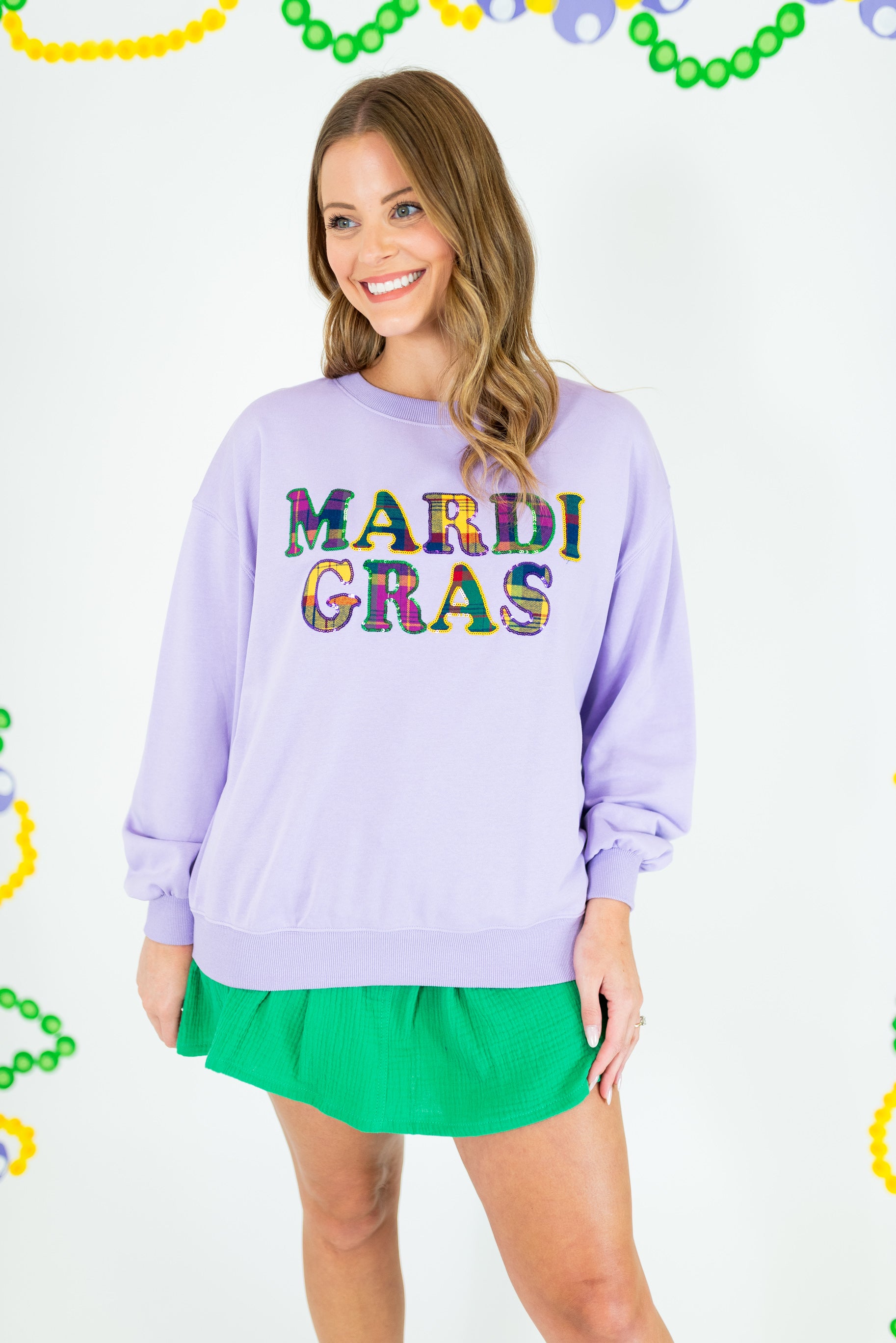 Mardi Gras Sequin Plaid Letter Sweatshirt - Obsession Boutique