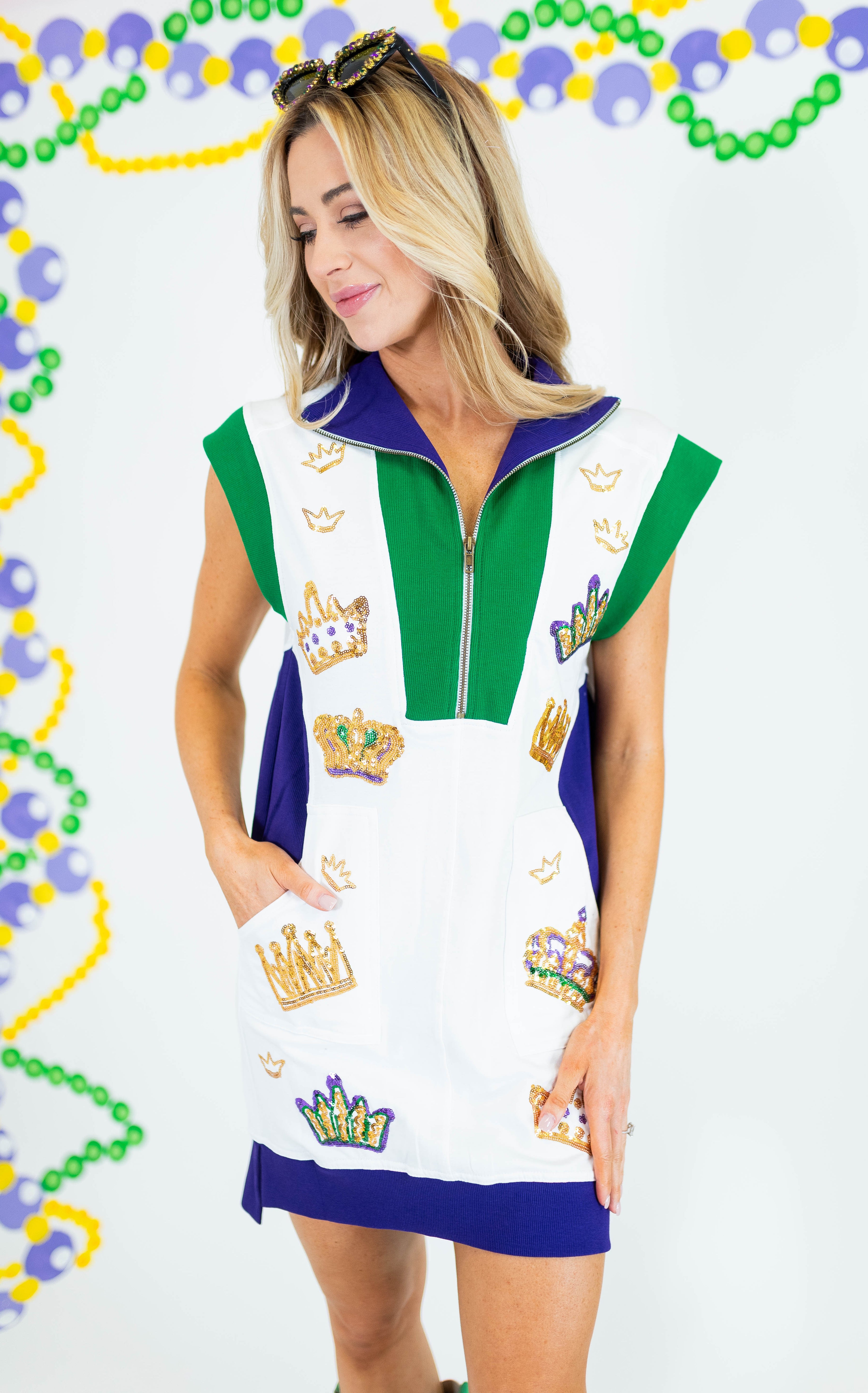 Mardi Gras Crowns Tennis Dress - White - Obsession Boutique
