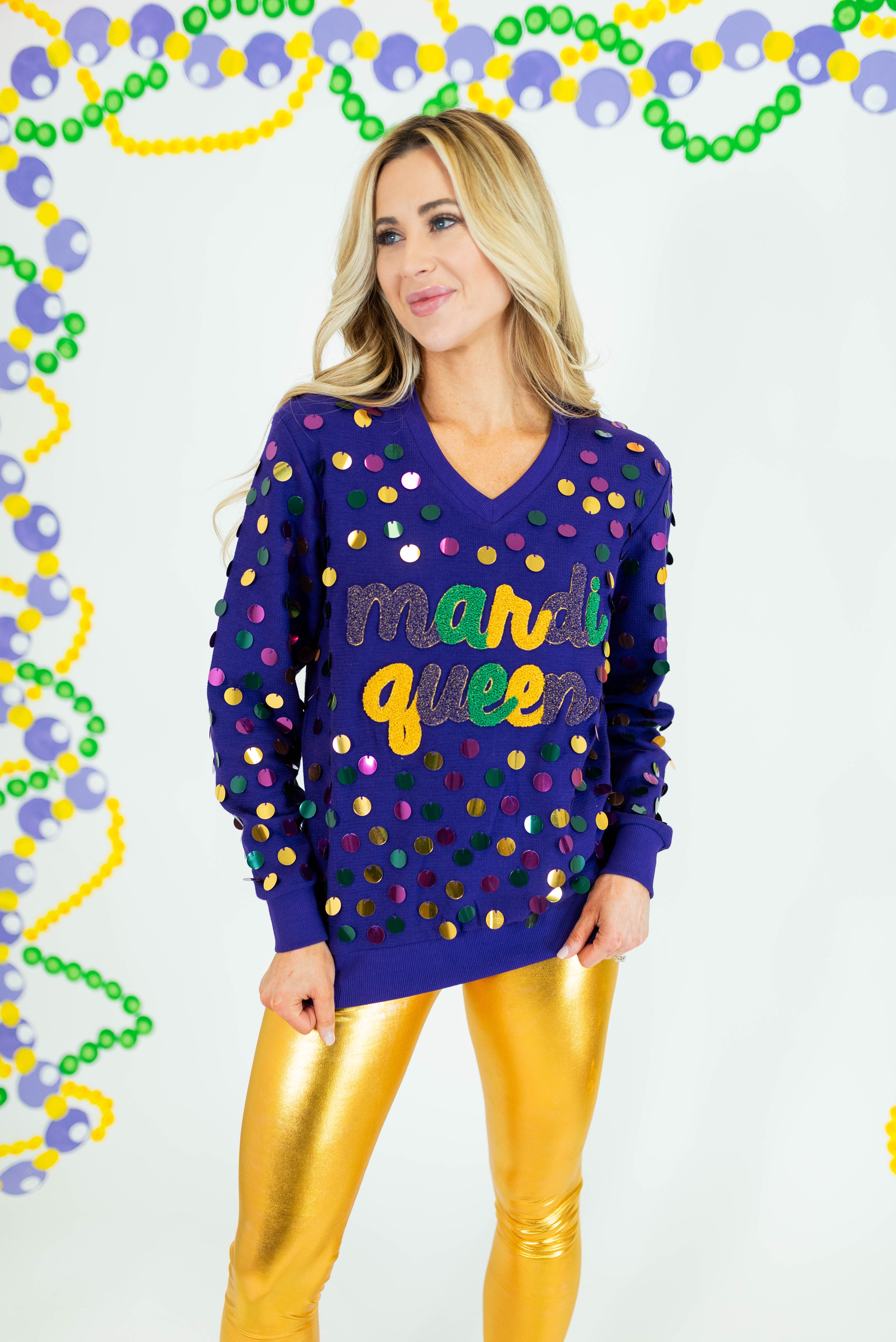 Mardi Queen Sequin V-Neck Sweater - Purple - Obsession Boutique