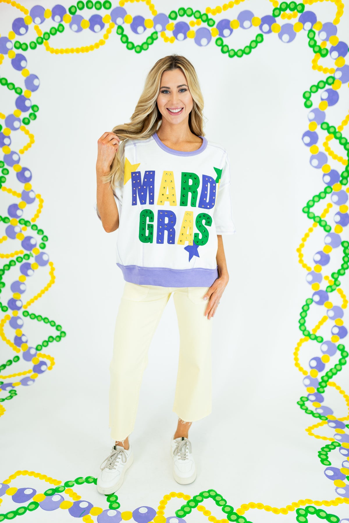 Mardi Gras Color Block Rhinestone Sweatshirt - White - Obsession Boutique