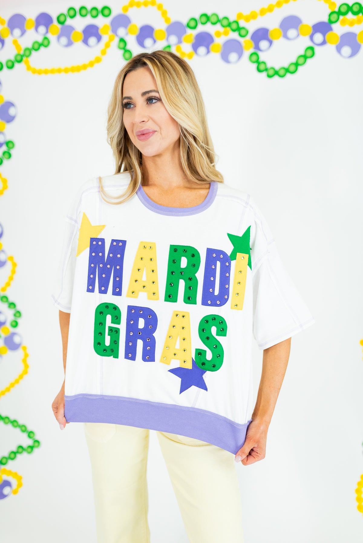 Mardi Gras Color Block Rhinestone Sweatshirt - White - Obsession Boutique