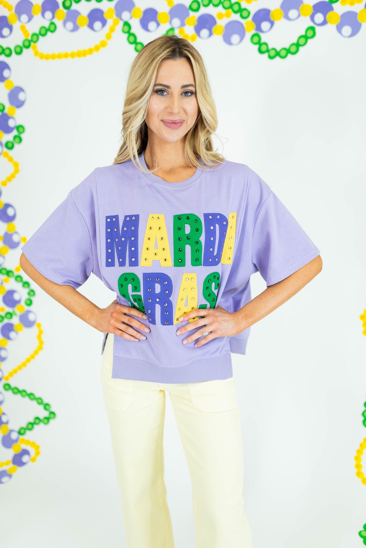 Mardi Gras Oversized Graphic Stud Tee - Obsession Boutique