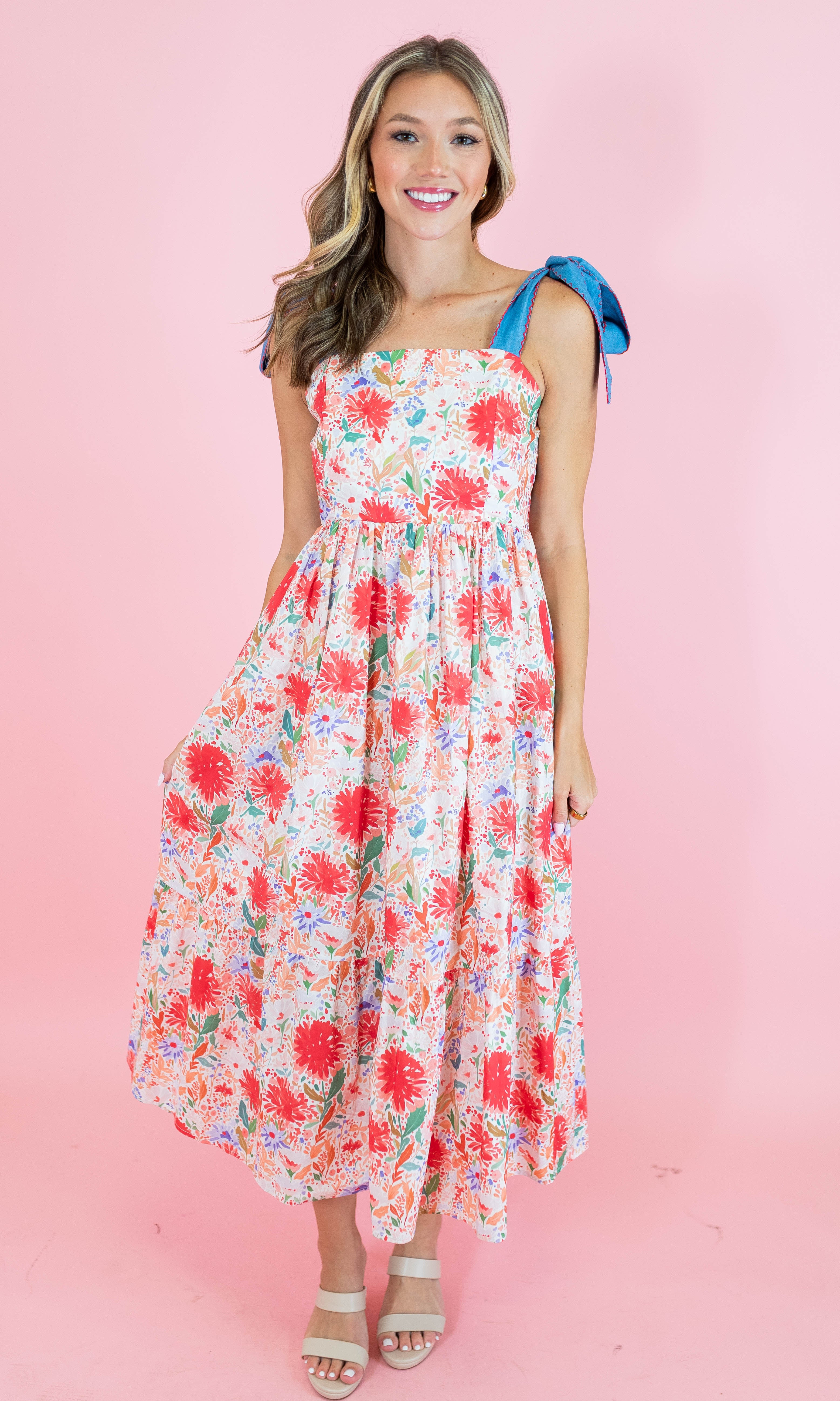 Red Floral Tie Strap Midi Dress - Obsession Boutique