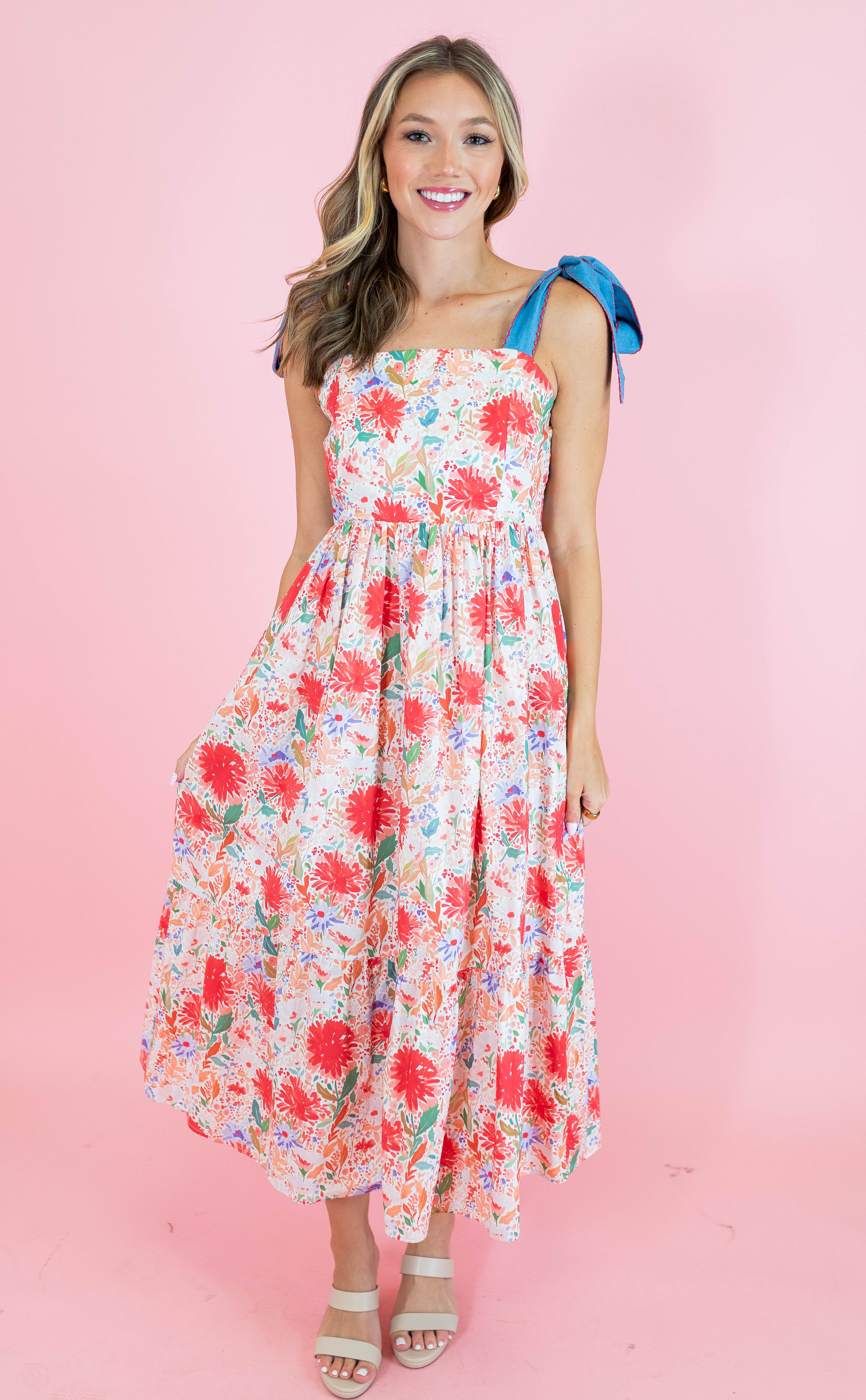 Red Floral Tie Strap Midi Dress - Obsession Boutique