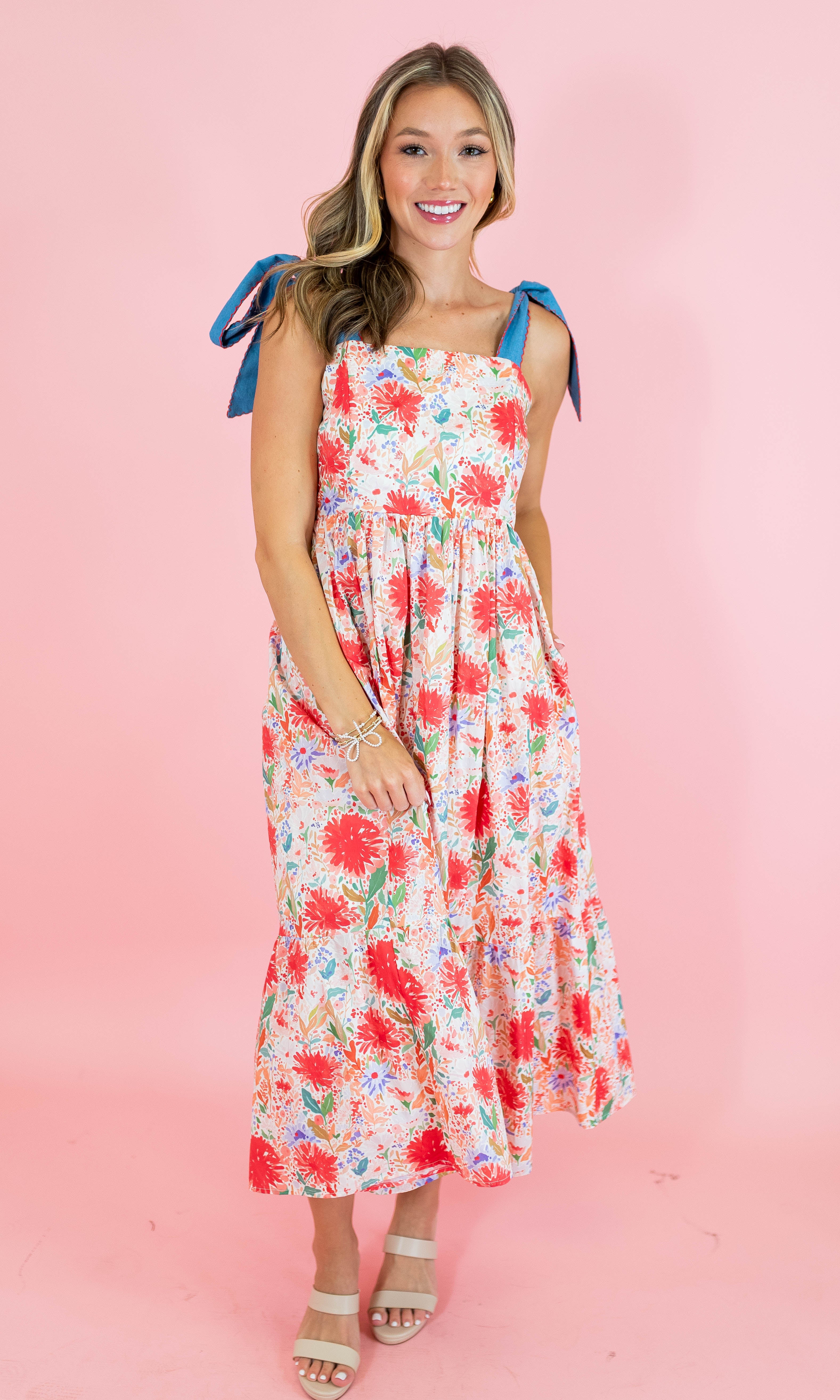 Red Floral Tie Strap Midi Dress - Obsession Boutique