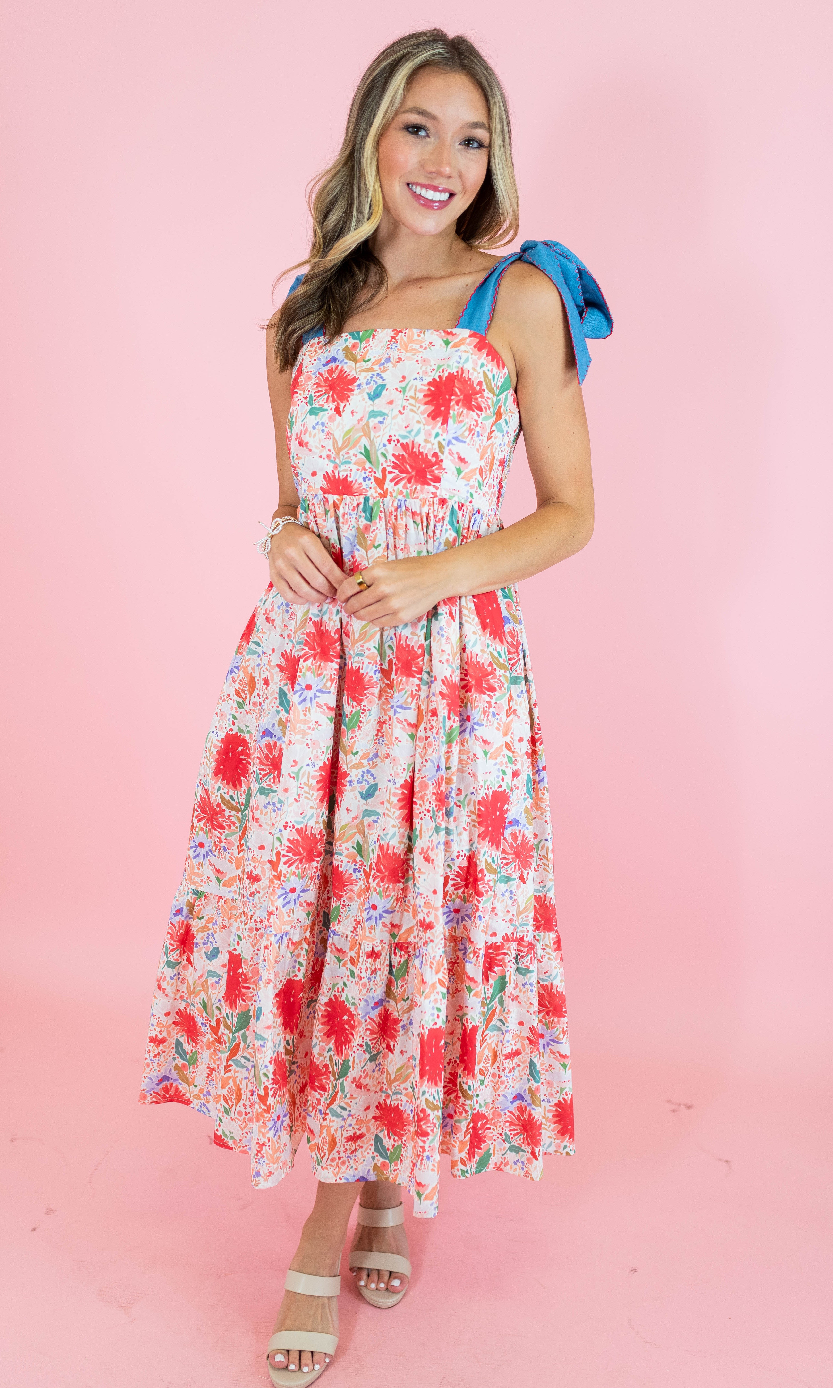 Red Floral Tie Strap Midi Dress - Obsession Boutique