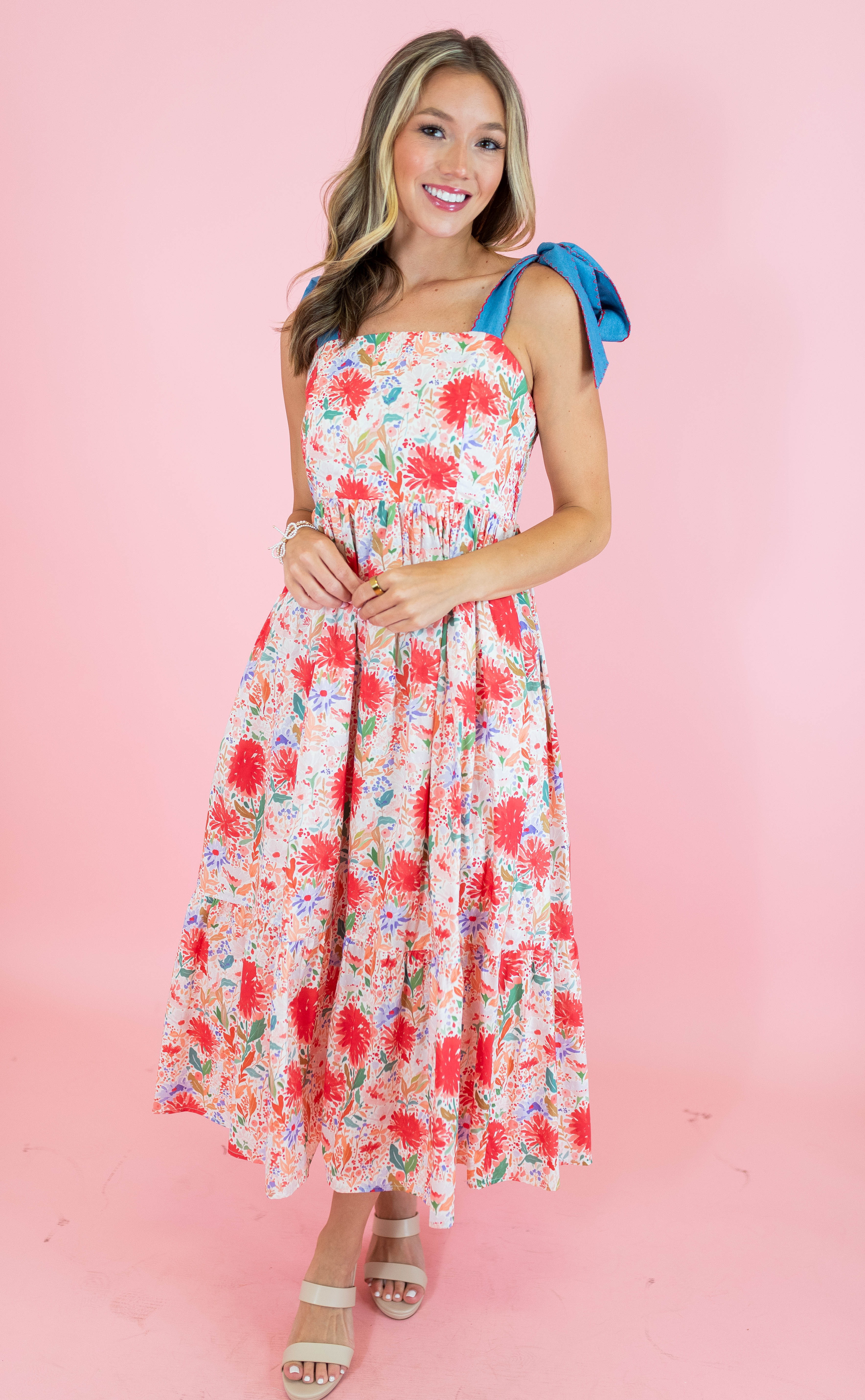 Red Floral Tie Strap Midi Dress - Obsession Boutique