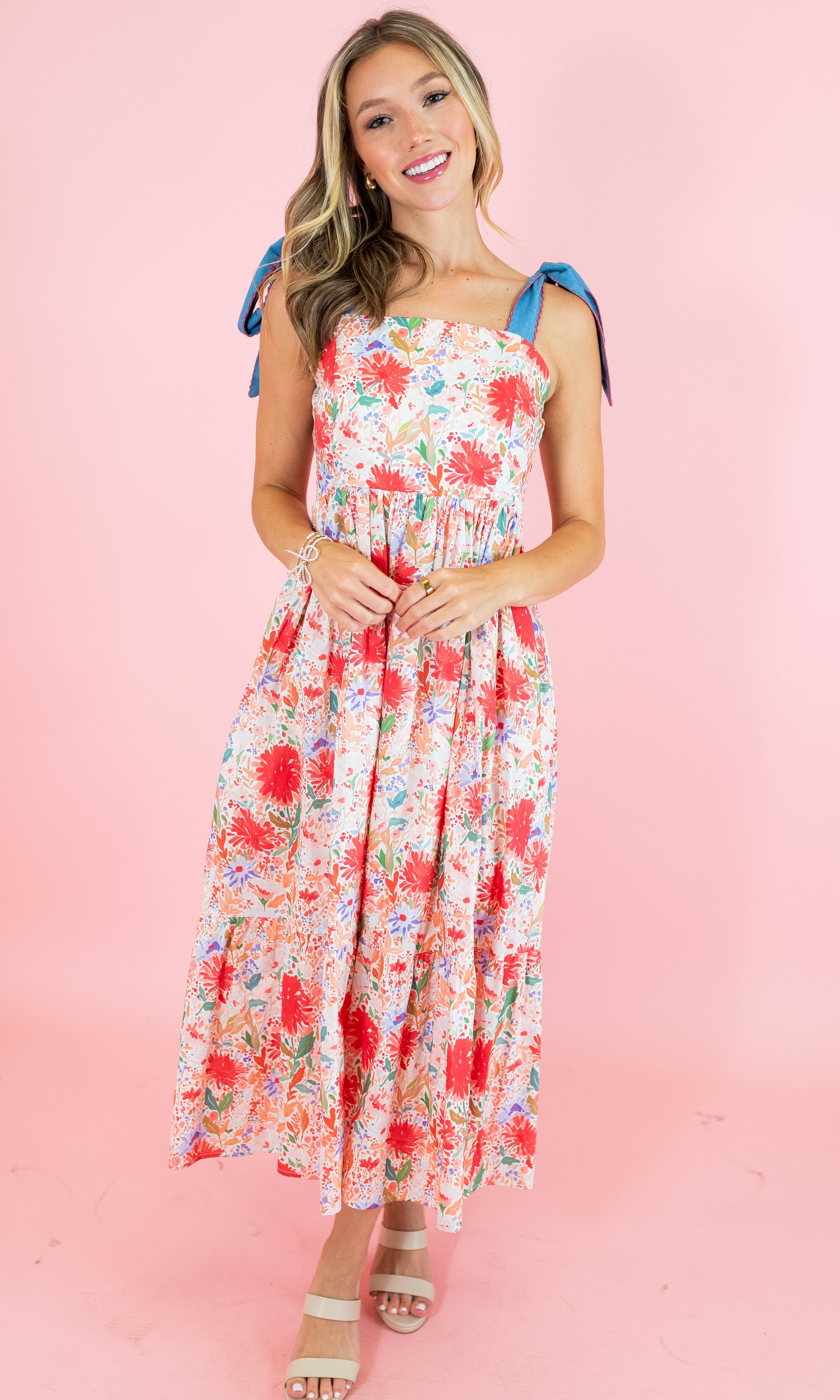 Red Floral Tie Strap Midi Dress - Obsession Boutique