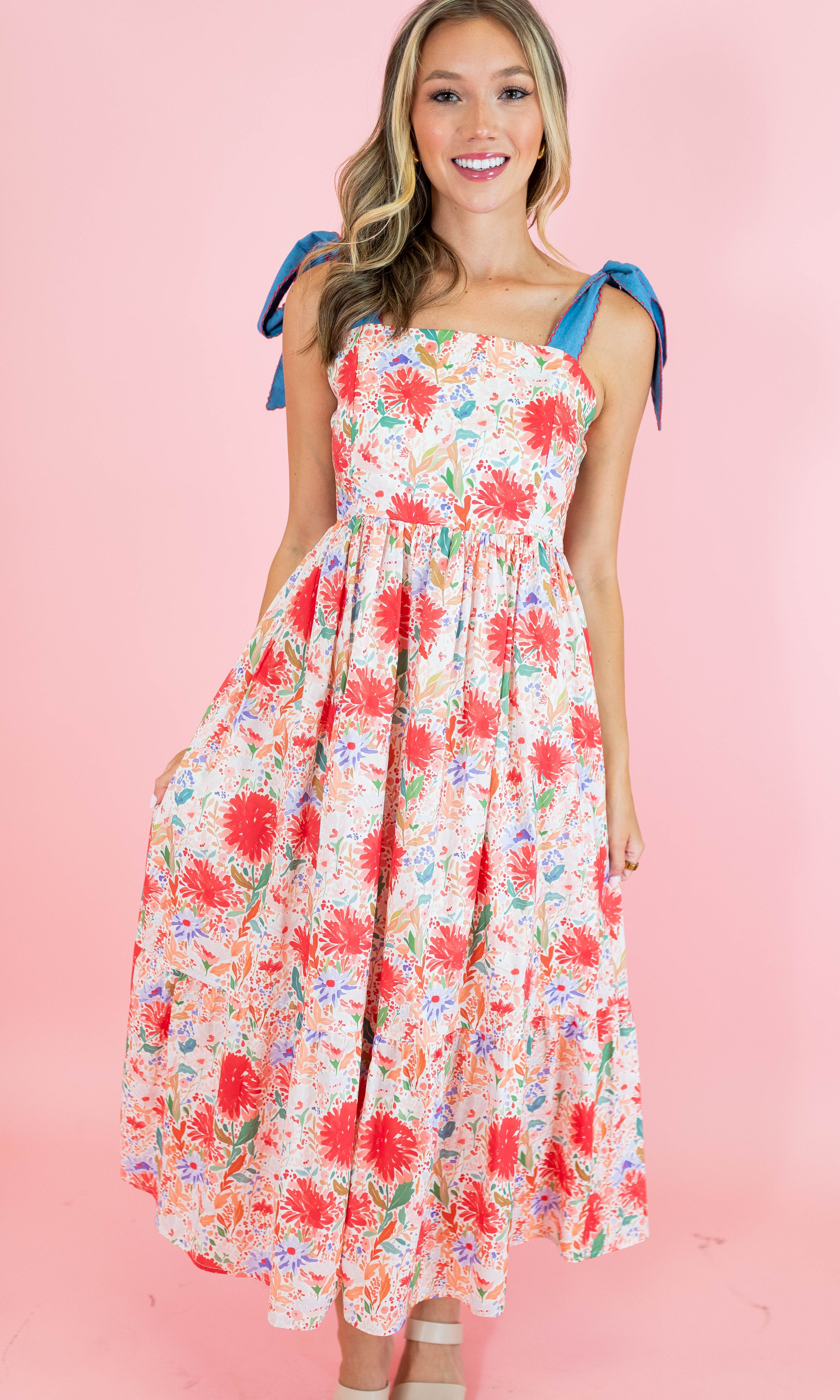 Red Floral Tie Strap Midi Dress - Obsession Boutique