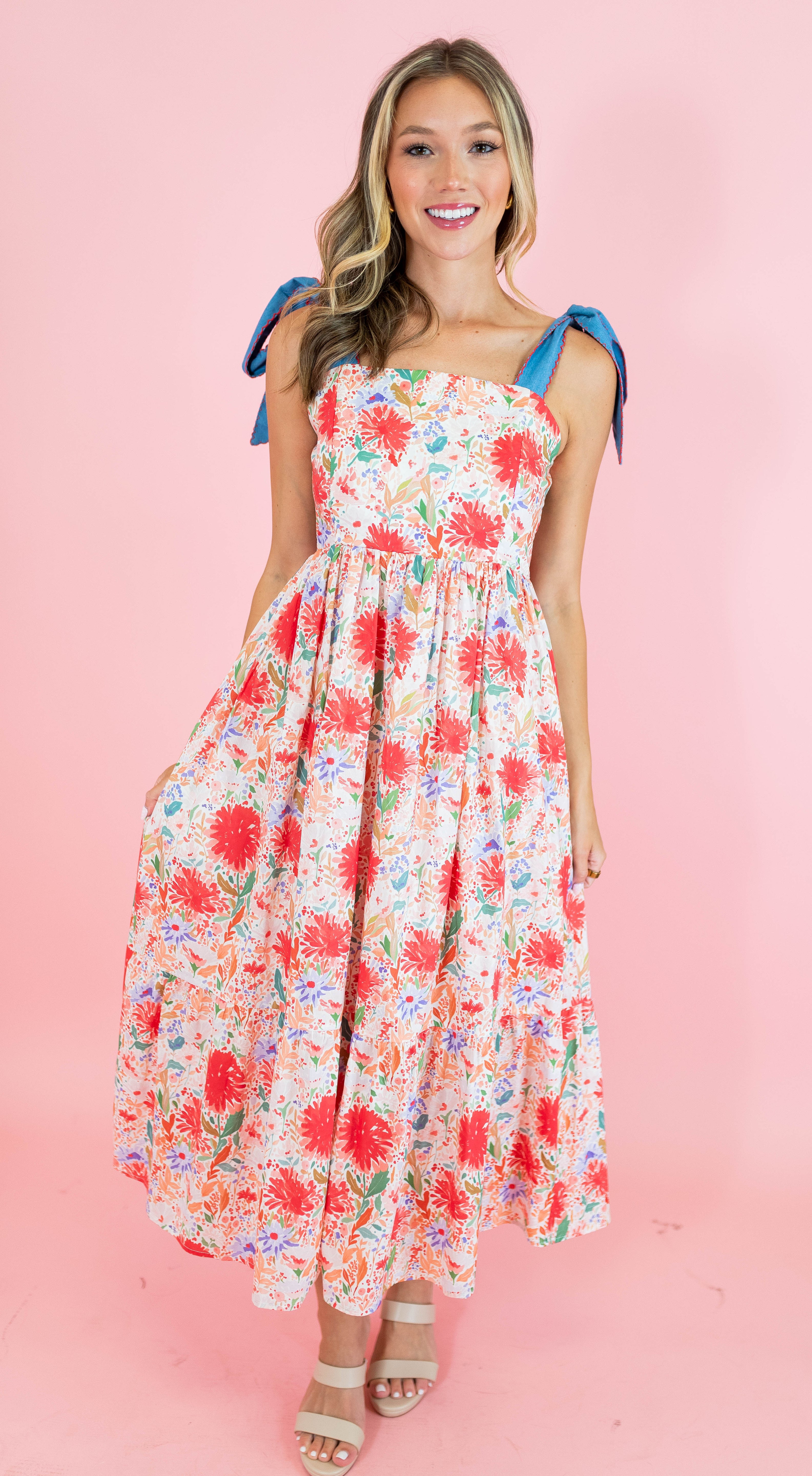 Red Floral Tie Strap Midi Dress - Obsession Boutique