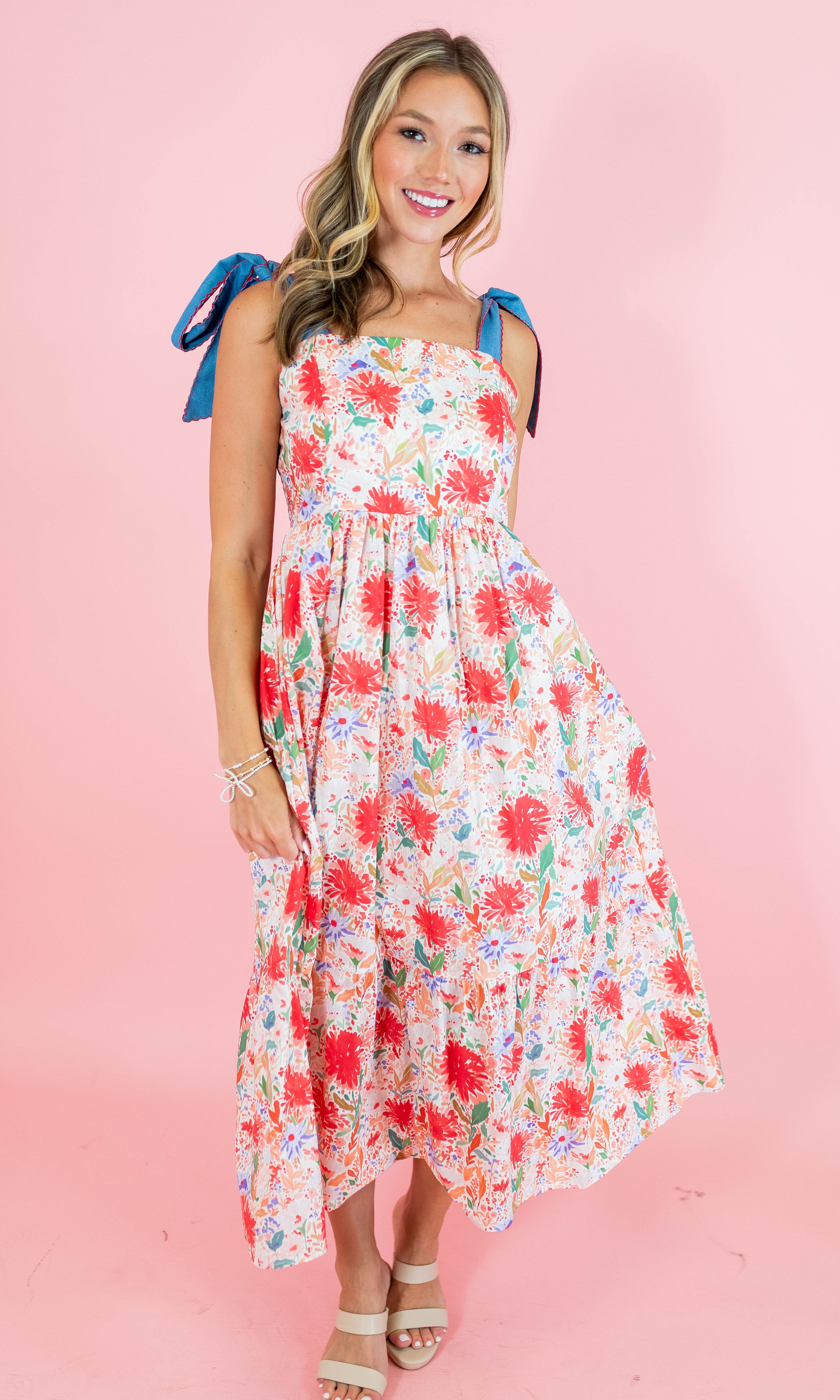 Red Floral Tie Strap Midi Dress - Obsession Boutique