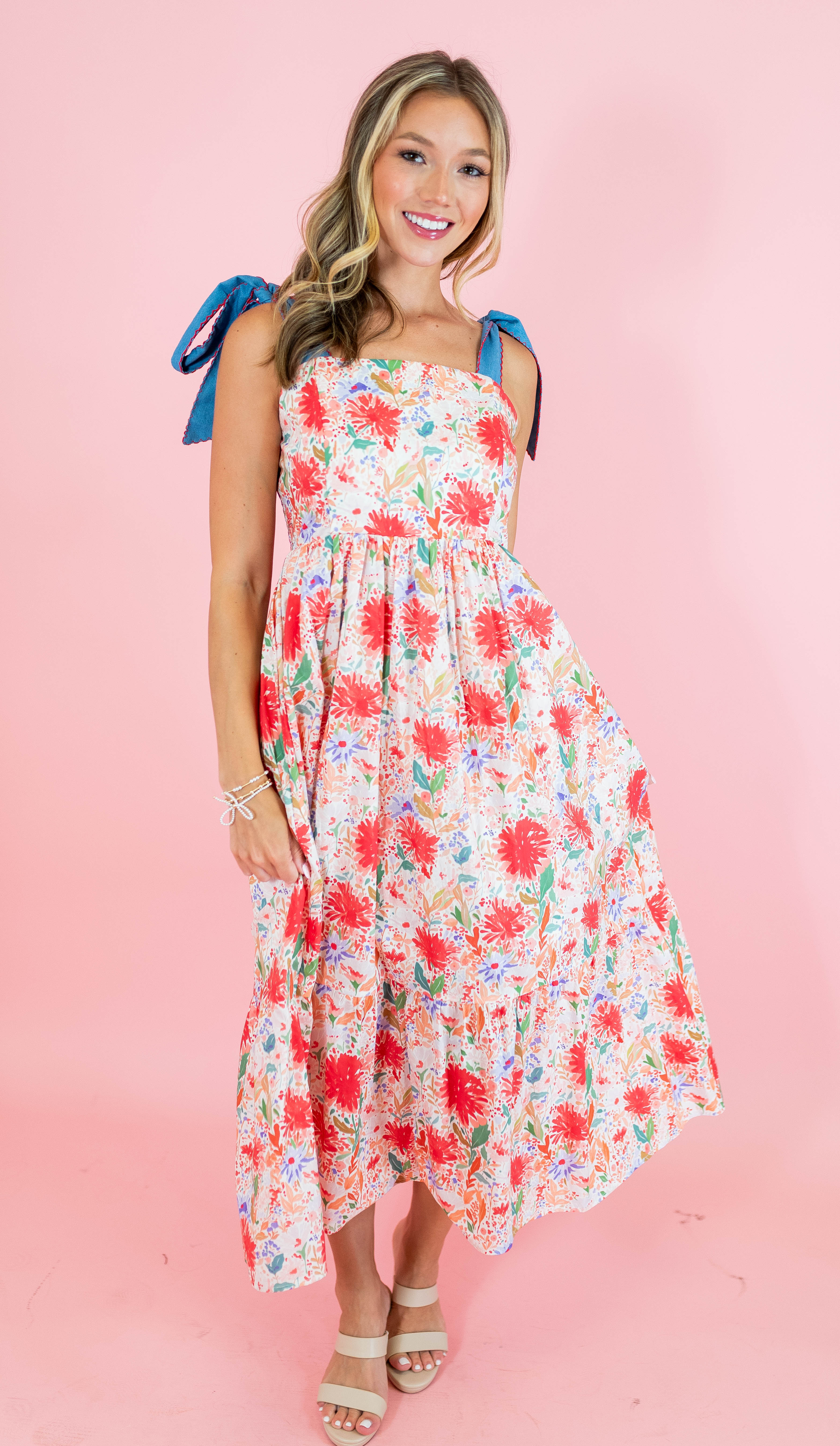 Red Floral Tie Strap Midi Dress - Obsession Boutique