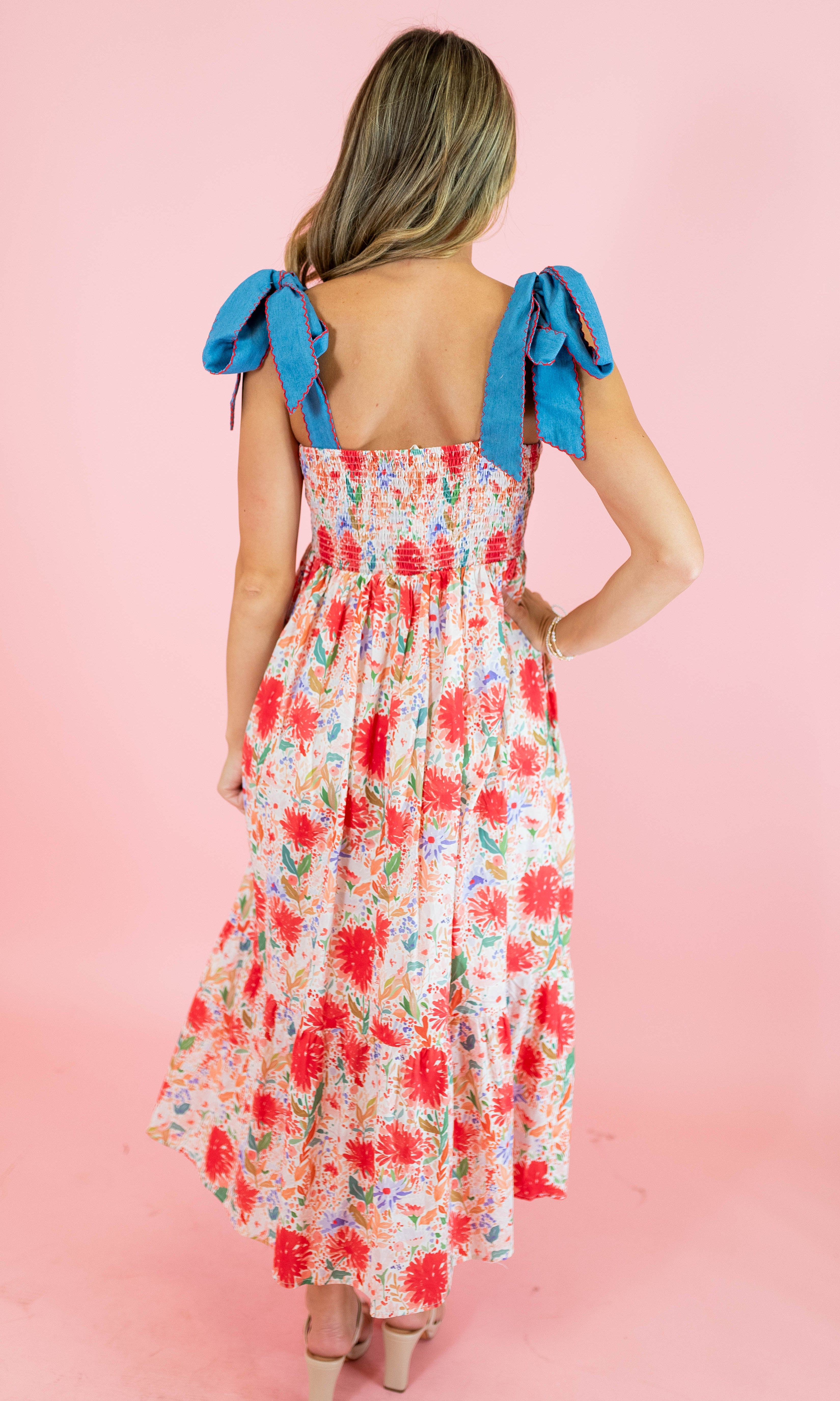 Red Floral Tie Strap Midi Dress - Obsession Boutique