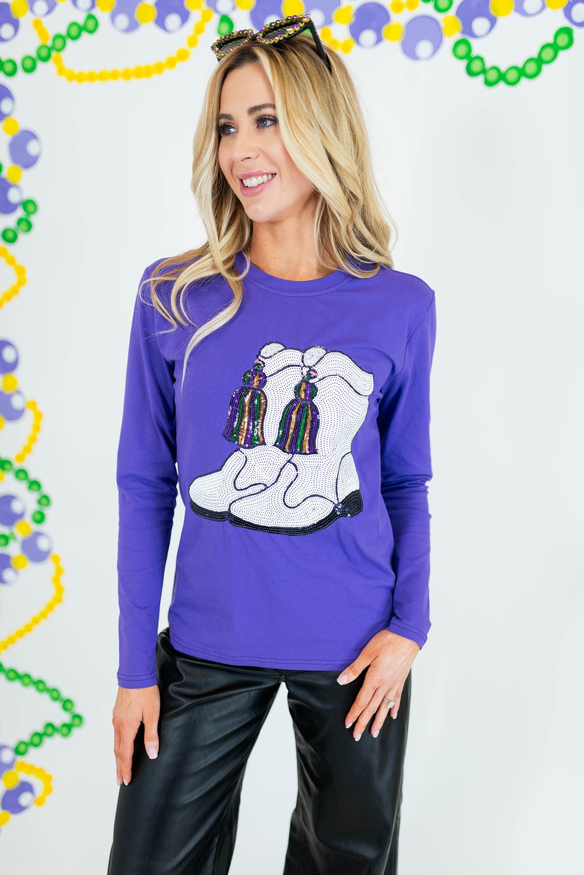 Mardi Gras Boots Purple Long Sleeve Top - Obsession Boutique