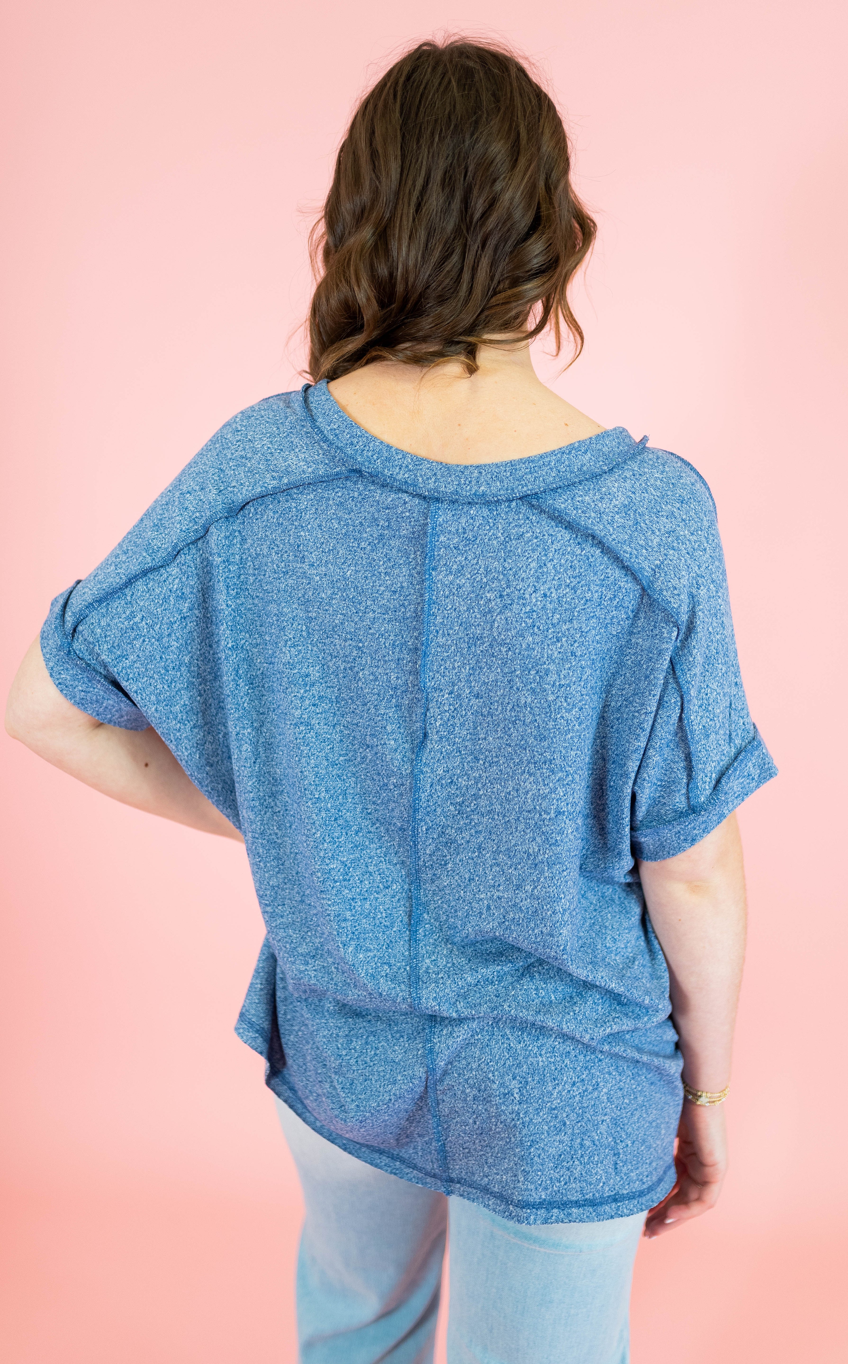 Soft Melange Hacci V-neck Short Sleeve Hi-Low Tee - Obsession Boutique