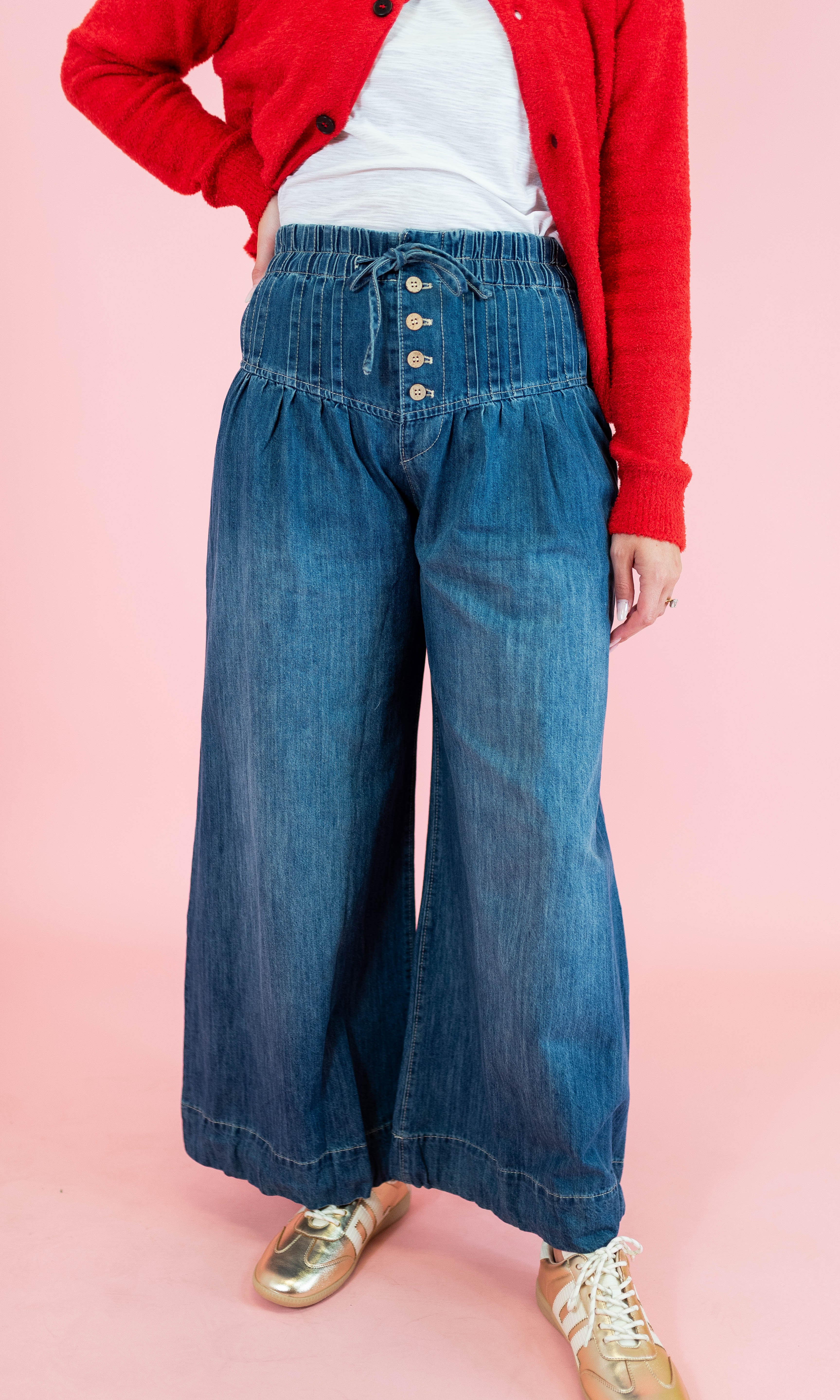 Pleated Baggy Wide Leg Jeans - Denim - Obsession Boutique