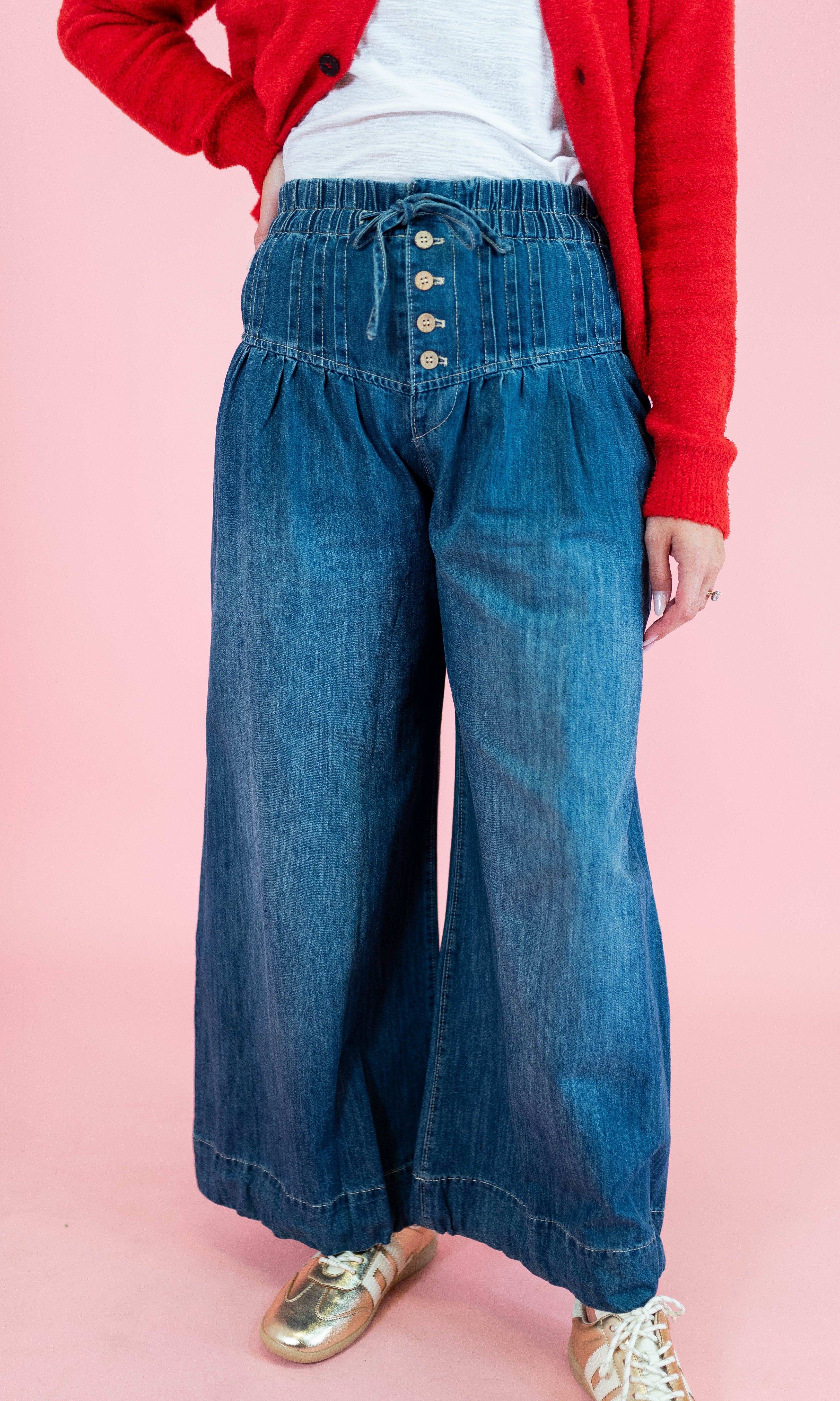 Pleated Baggy Wide Leg Jeans - Denim - Obsession Boutique