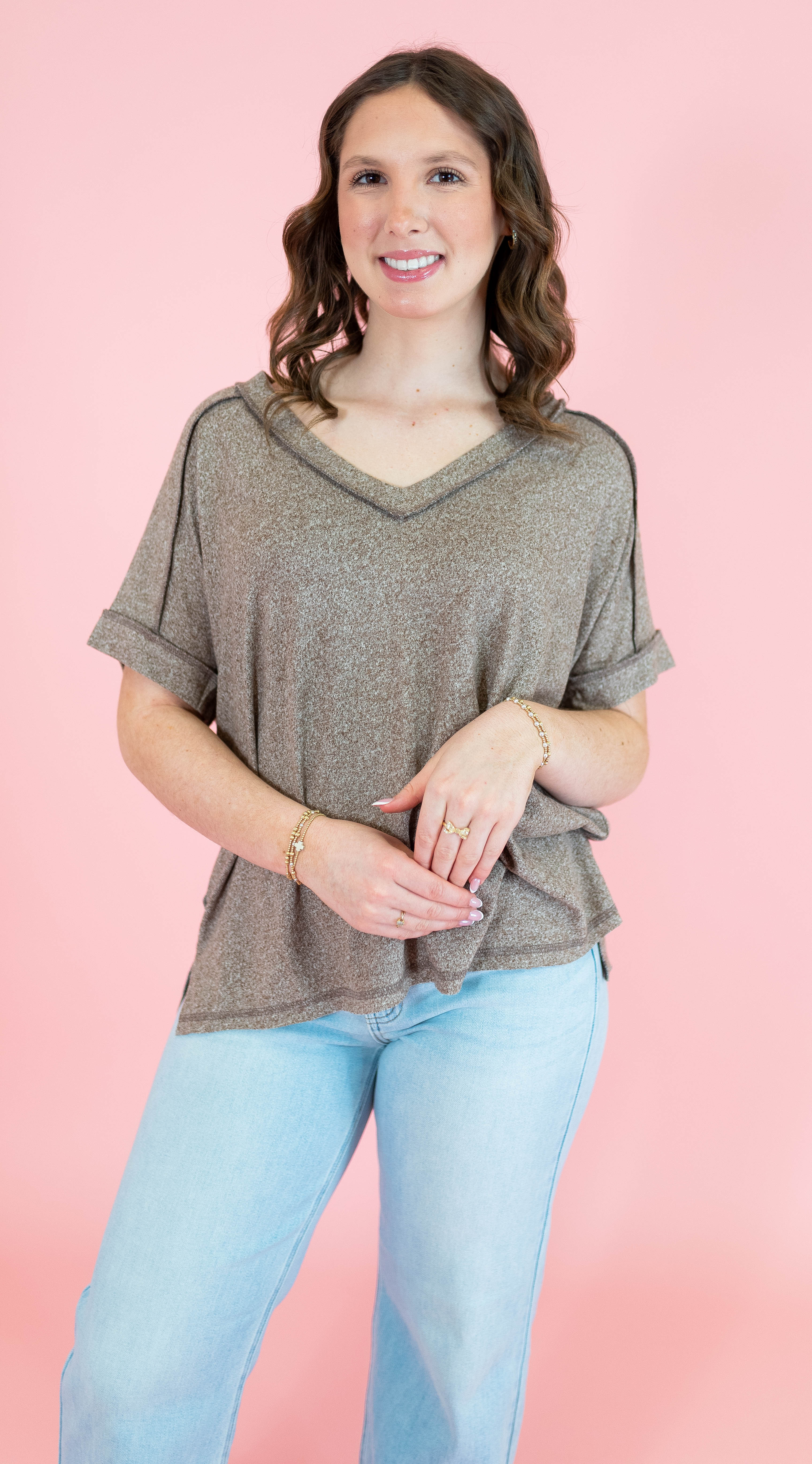 Soft Melange Hacci V-neck Short Sleeve Hi-Low Tee - Obsession Boutique