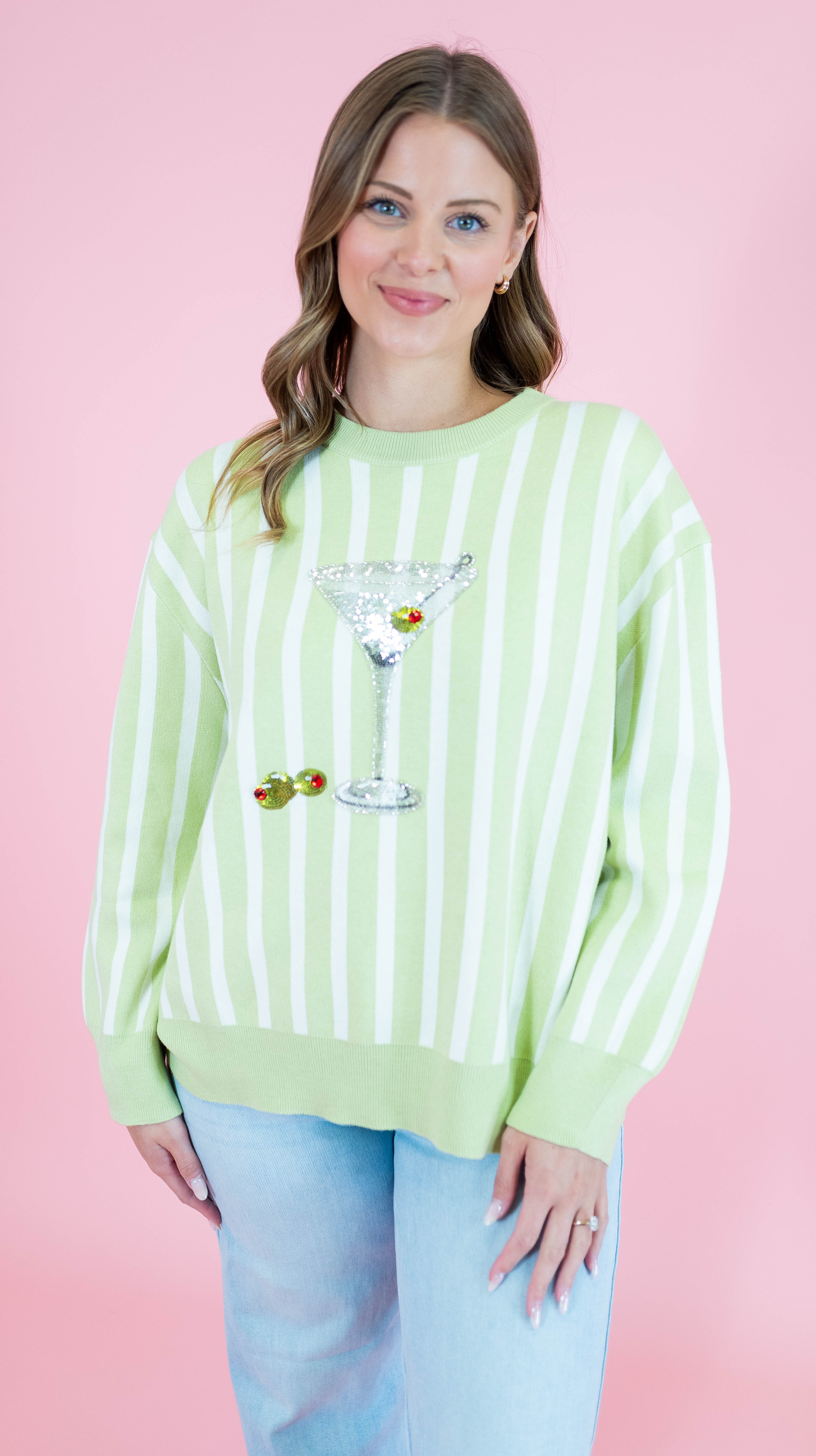 Queen Of Sparkles: Olive Green & White Stripe Martini Sweater - Obsession Boutique