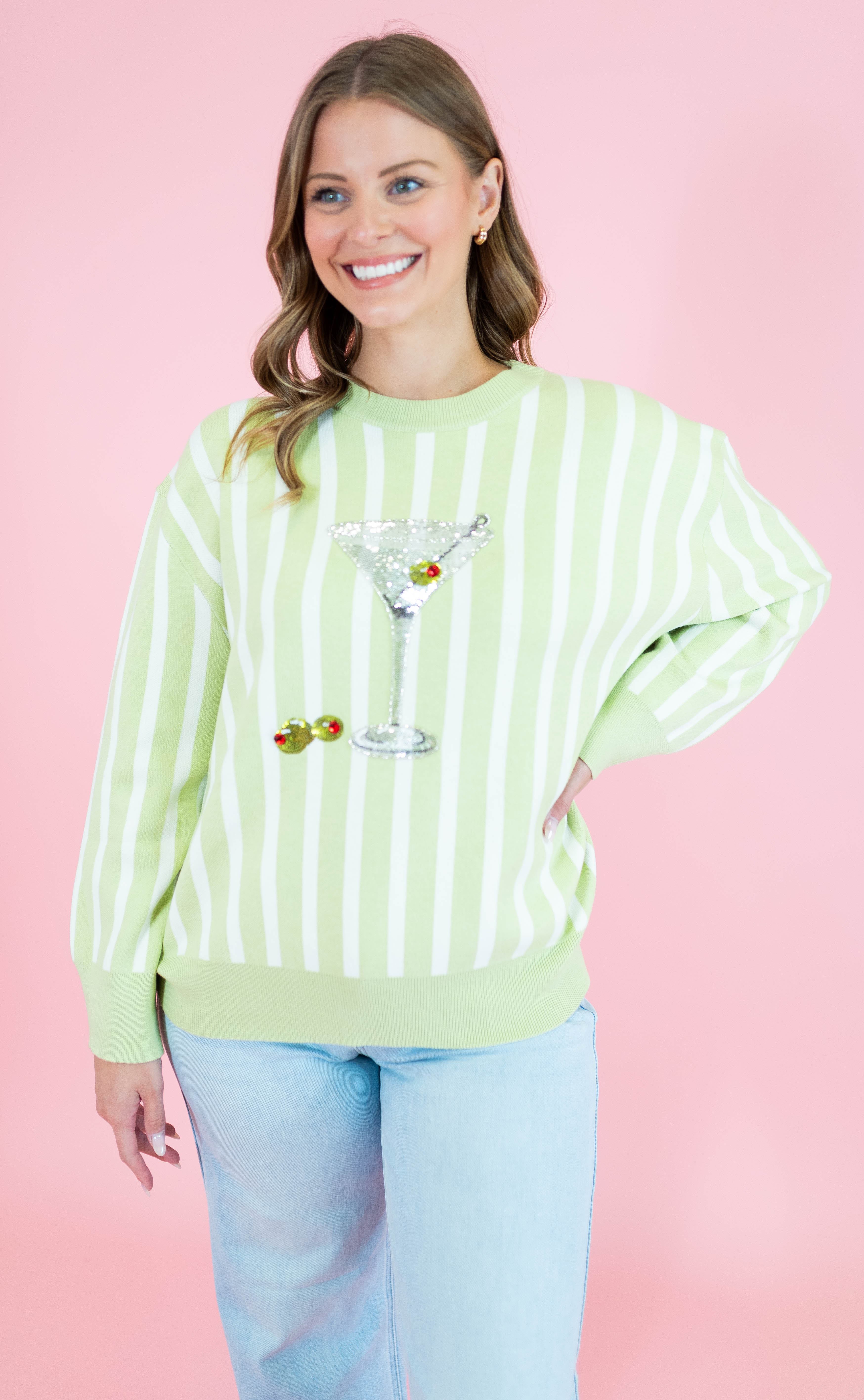 Queen Of Sparkles: Olive Green & White Stripe Martini Sweater - Obsession Boutique