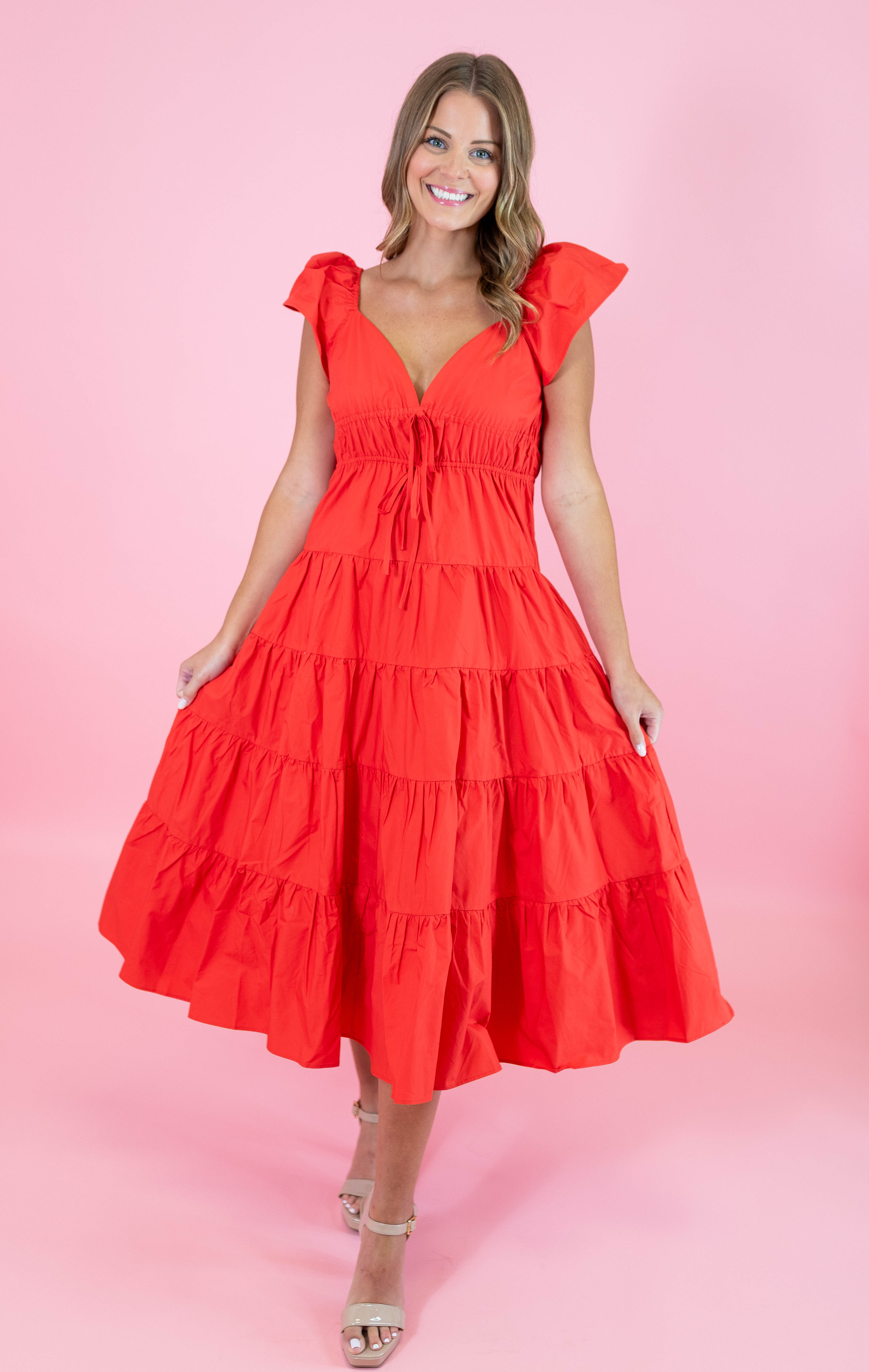 Fit and Flare Ruffled Shoulder Midi Dress - Obsession Boutique