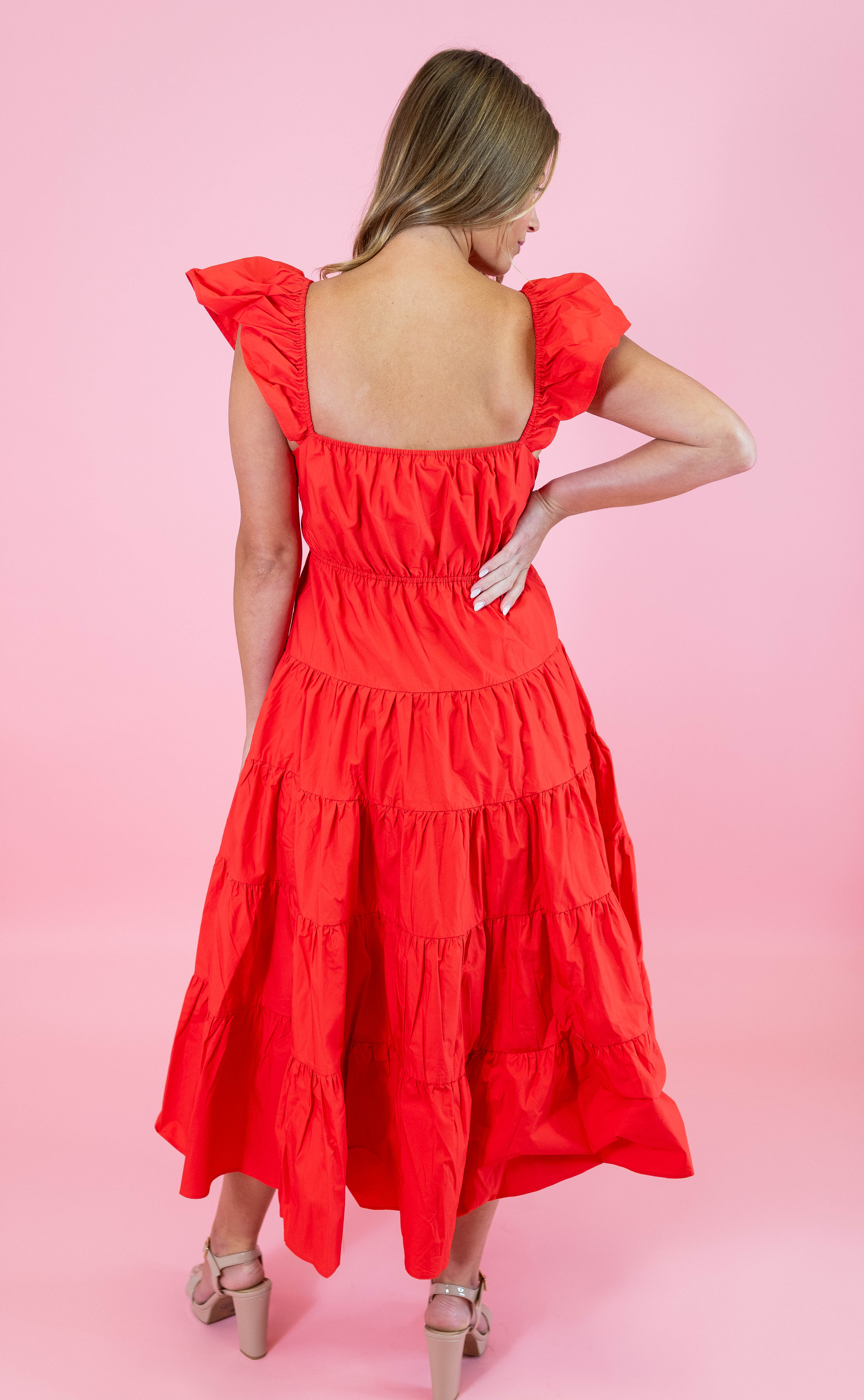 Fit and Flare Ruffled Shoulder Midi Dress - Obsession Boutique