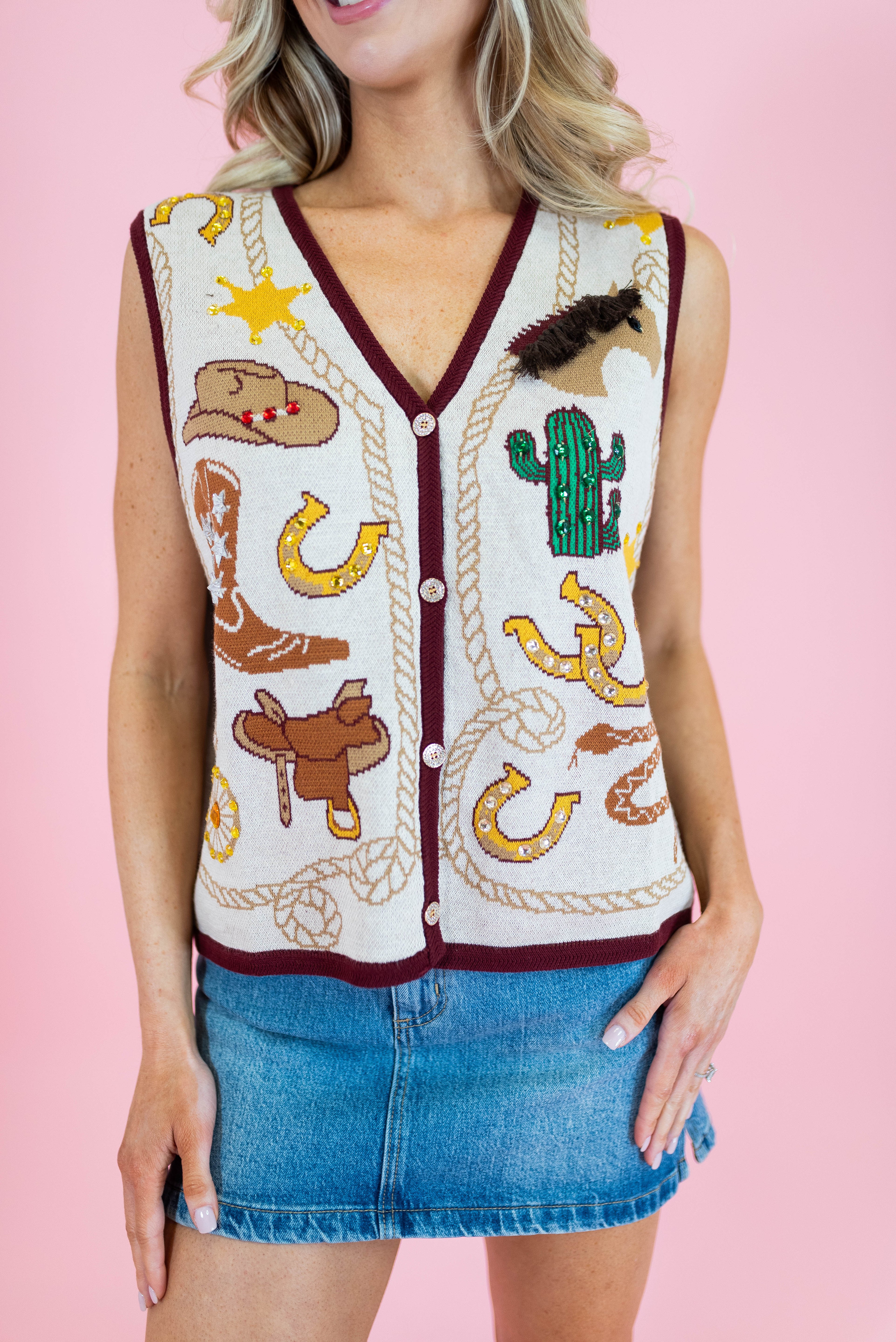 Queen Of Sparkles: Western Icon Knit Sweater Vest - Obsession Boutique